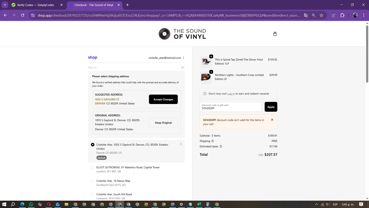 The Sound of Vinyl discount code screenshot showing code SOV20OFF applied at The Sound of Vinyl checkout page. Uploaded by SimplyCodes community member Marielis on Nov 5, 2025