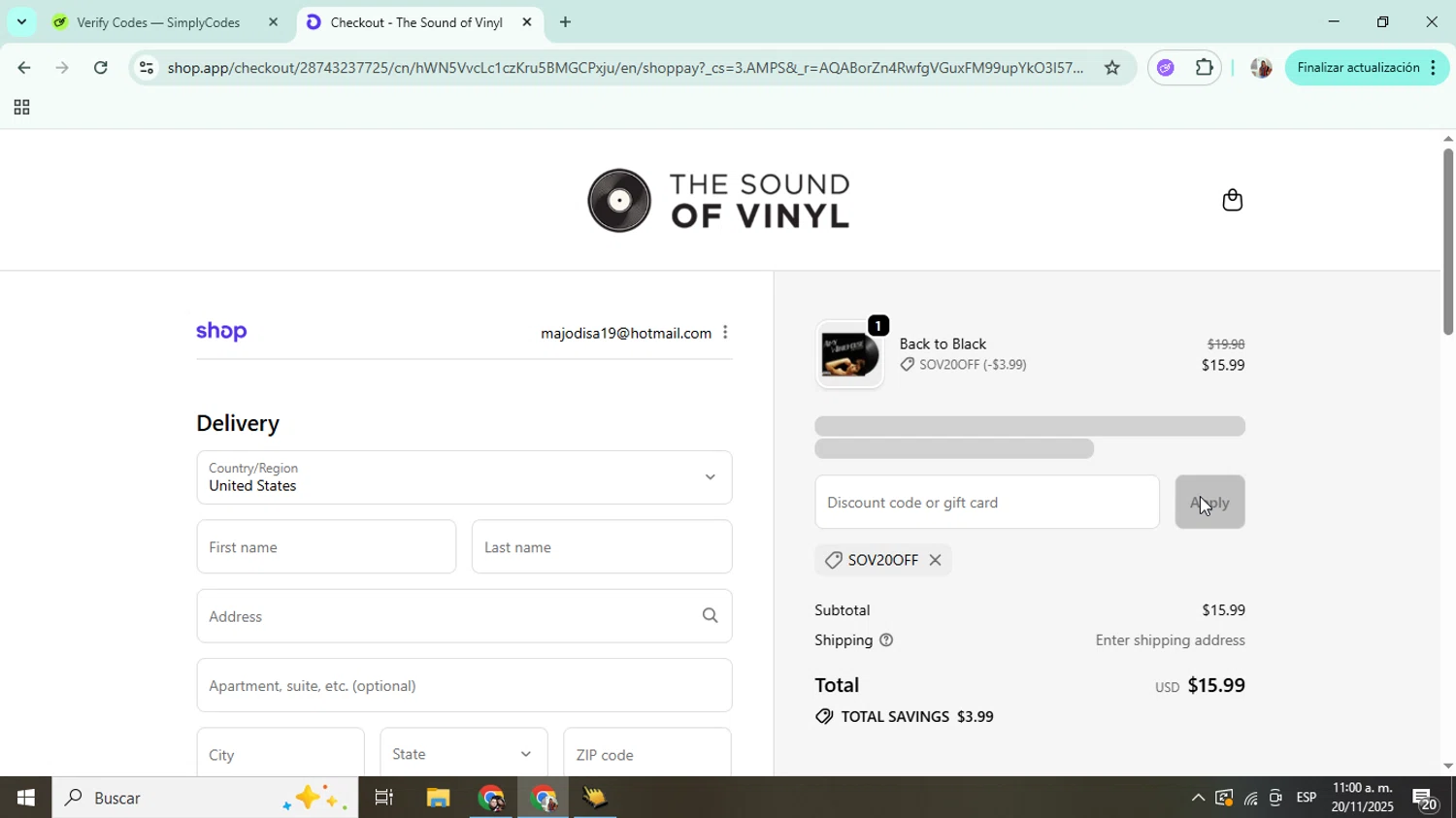 The Sound of Vinyl discount code screenshot showing code SOV20OFF applied at The Sound of Vinyl checkout page. Uploaded by SimplyCodes community member Mujerdejunnior on Nov 20, 2025