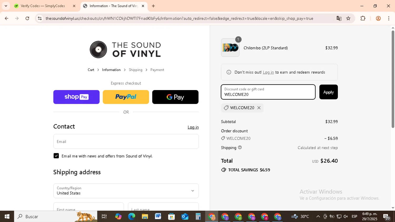 The Sound of Vinyl discount code screenshot showing code WELCOME20 applied at The Sound of Vinyl checkout page. Uploaded by SimplyCodes community member RebateCollector5909 on Jul 29, 2025