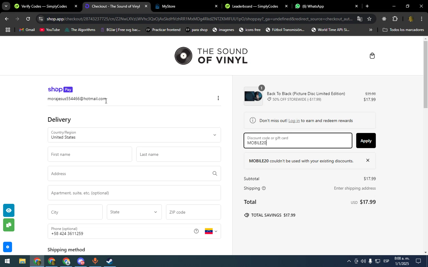 The Sound of Vinyl discount code screenshot showing code MOBILE20 applied at The Sound of Vinyl checkout page. Uploaded by SimplyCodes community member SOOOOOOOOOOOOOOOOOOOOOOO on Jan 1, 2025