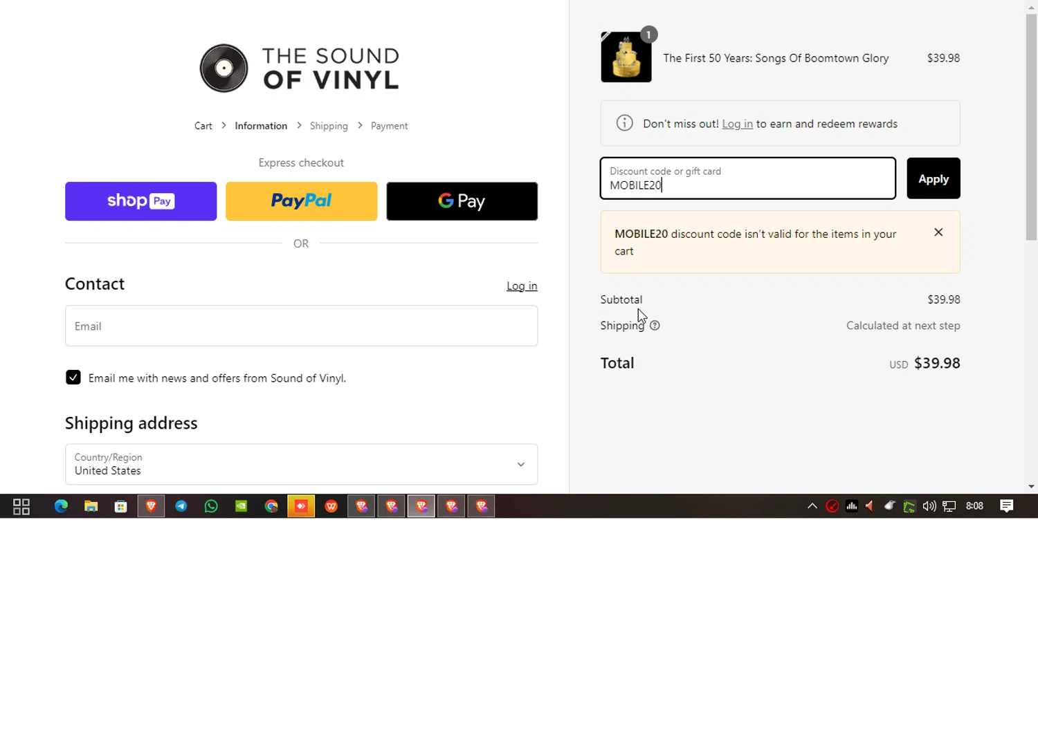 The Sound of Vinyl discount code screenshot showing code MOBILE20 applied at The Sound of Vinyl checkout page. Uploaded by SimplyCodes community member MoneyEagle4780 on Jan 1, 2025