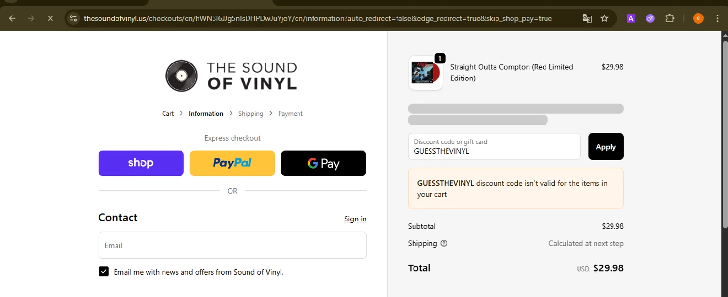 The Sound of Vinyl discount code screenshot showing code GUESSTHEVINYL applied at The Sound of Vinyl checkout page. Uploaded by SimplyCodes community member NobleElite1598 on Sep 23, 2025