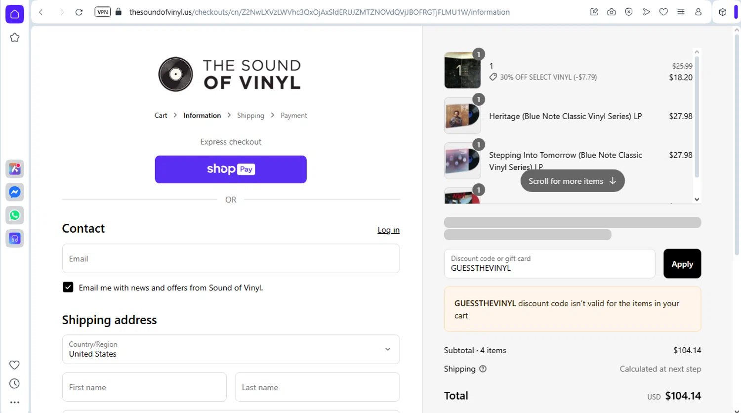 The Sound of Vinyl discount code screenshot showing code GUESSTHEVINYL applied at The Sound of Vinyl checkout page. Uploaded by SimplyCodes community member rafaelmarquez on May 29, 2025