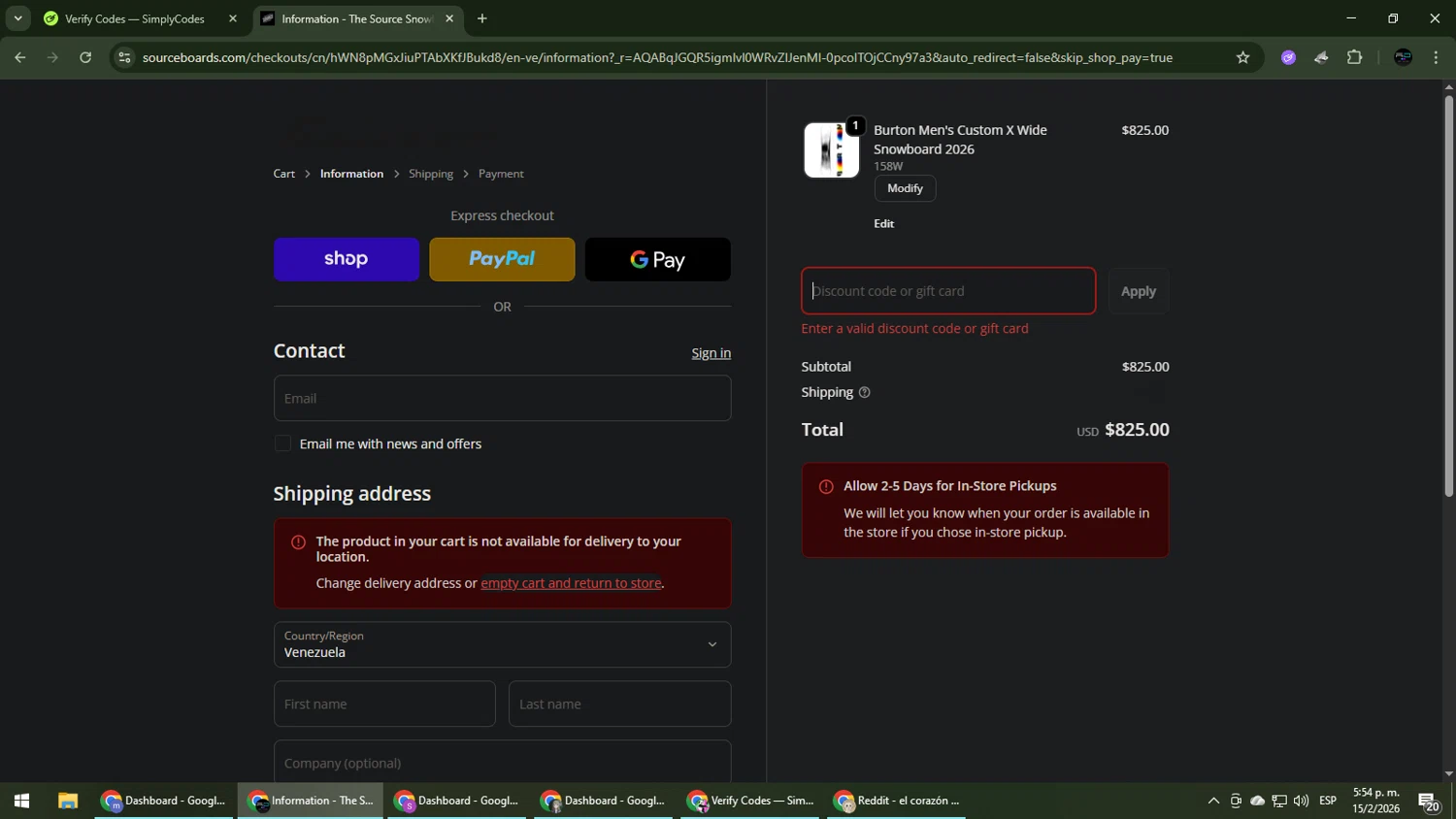 The Source Snowboard & Skate promo code screenshot showing code WELCOMEL7PYMB applied at The Source Snowboard & Skate checkout page. Uploaded by SimplyCodes community member CarmenVGR on Feb 15, 2026
