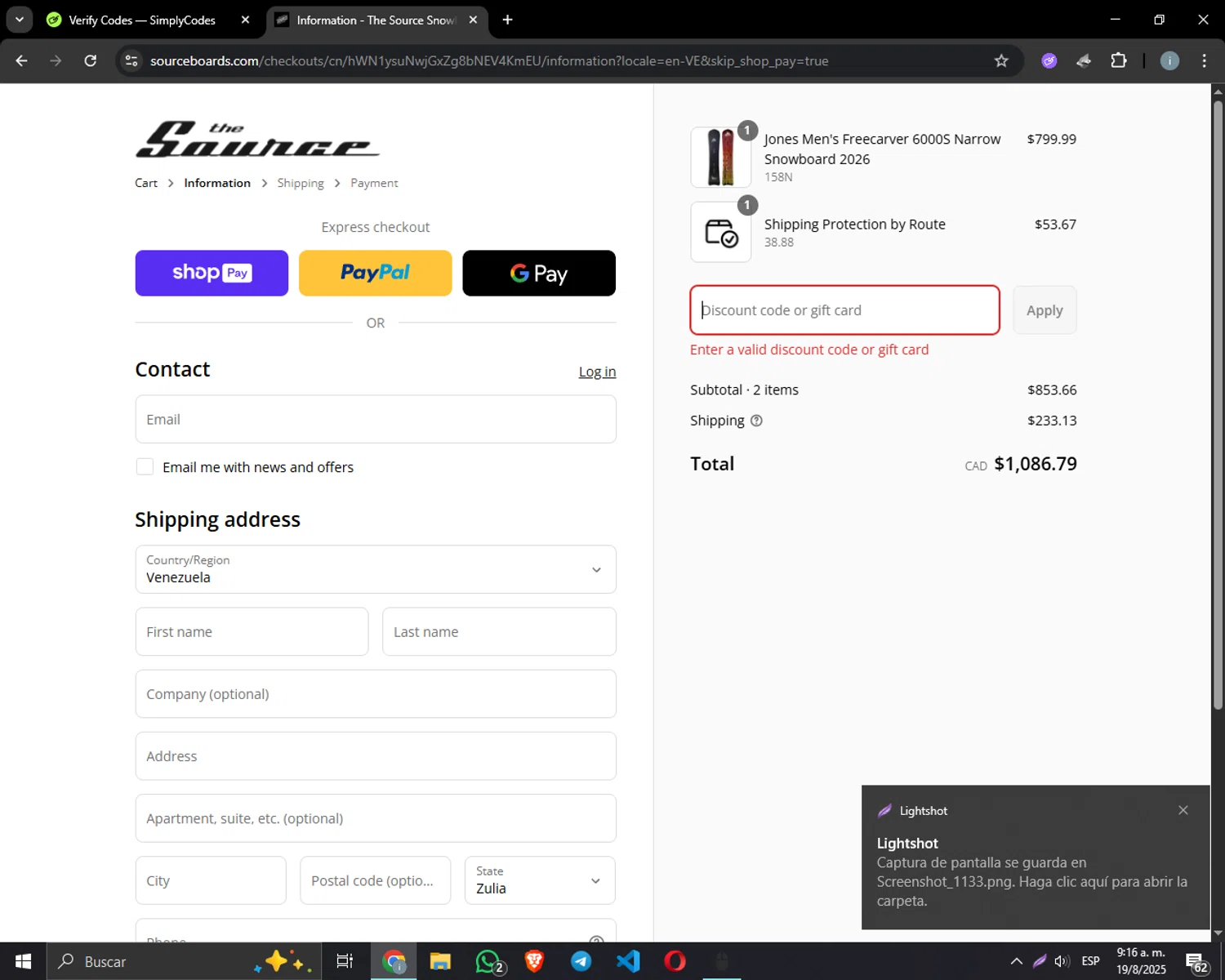 The Source Snowboard & Skate promo code screenshot showing code WELCOMEL7PYMB applied at The Source Snowboard & Skate checkout page. Uploaded by SimplyCodes community member vivalachicha on Aug 19, 2025