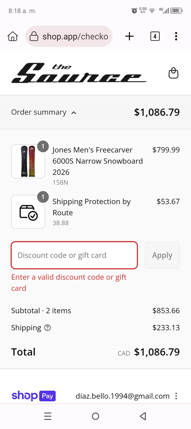 The Source Snowboard & Skate promo code screenshot showing code WELCOMEFDB1DW applied at The Source Snowboard & Skate checkout page. Uploaded by SimplyCodes community member Anthony_Diaz on Aug 19, 2025
