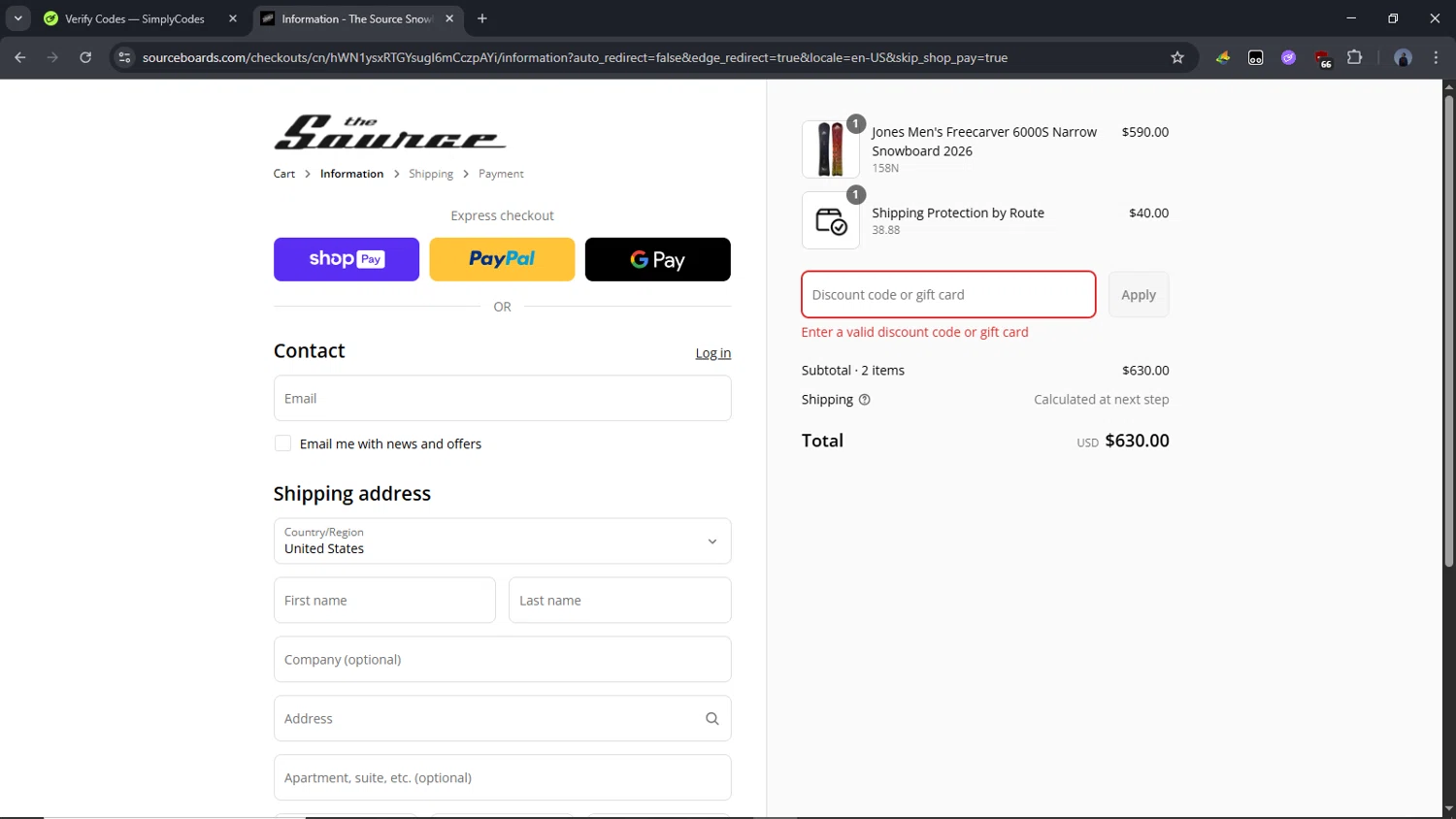 The Source Snowboard & Skate promo code screenshot showing code WELCOMEFDB1DW applied at The Source Snowboard & Skate checkout page. Uploaded by SimplyCodes community member Time_sin_filtro on Aug 19, 2025