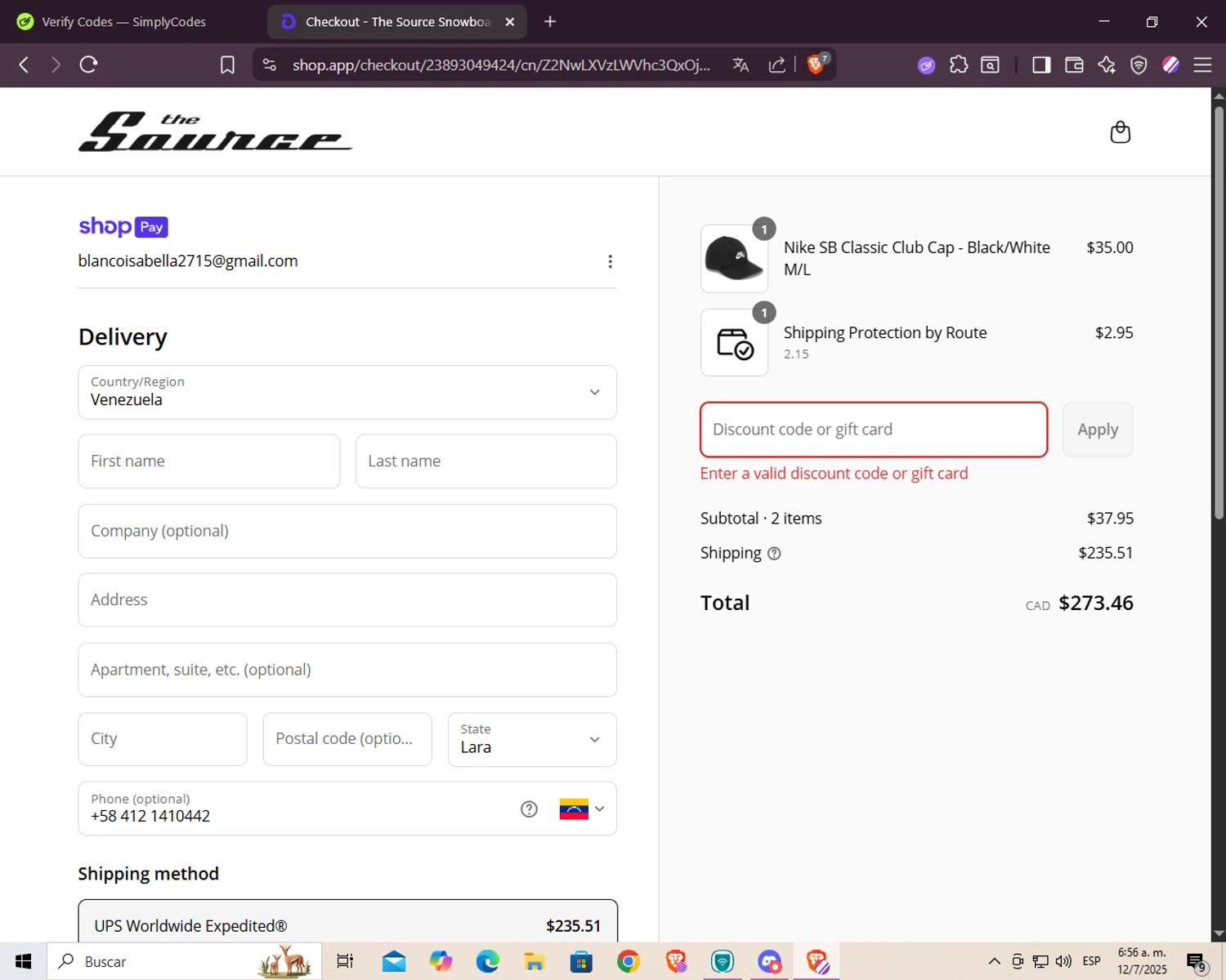 The Source Snowboard & Skate promo code screenshot showing code SUMMER15 applied at The Source Snowboard & Skate checkout page. Uploaded by SimplyCodes community member Juan2715 on Jul 12, 2025