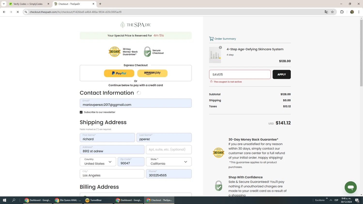 The Spa Dr. coupon code screenshot showing code SAVE15 applied at The Spa Dr. checkout page. Uploaded by SimplyCodes community member Phoenix585 on Dec 30, 2024