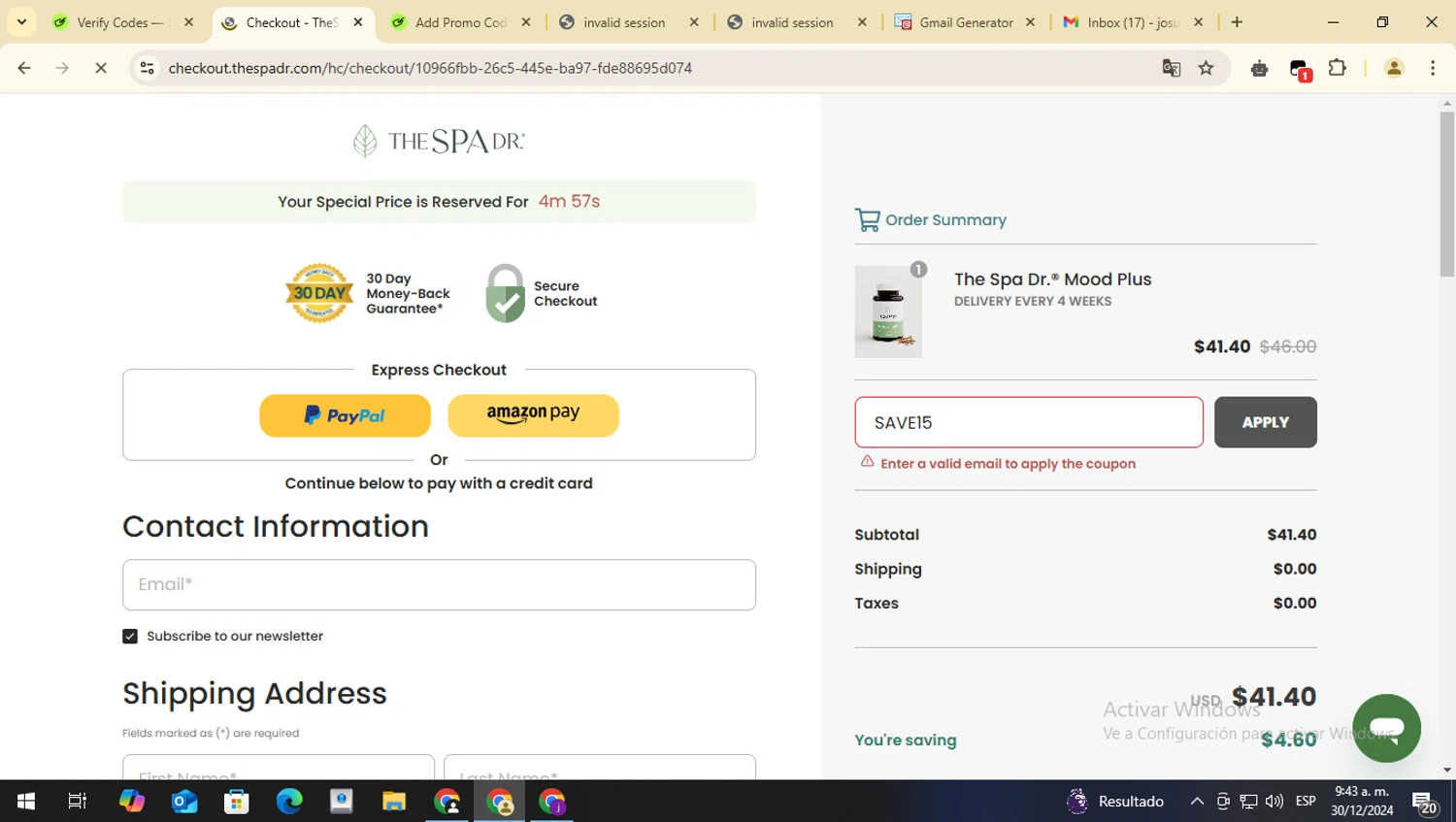 The Spa Dr. coupon code screenshot showing code SAVE15 applied at The Spa Dr. checkout page. Uploaded by SimplyCodes community member MagnificentWizard8353 on Dec 30, 2024