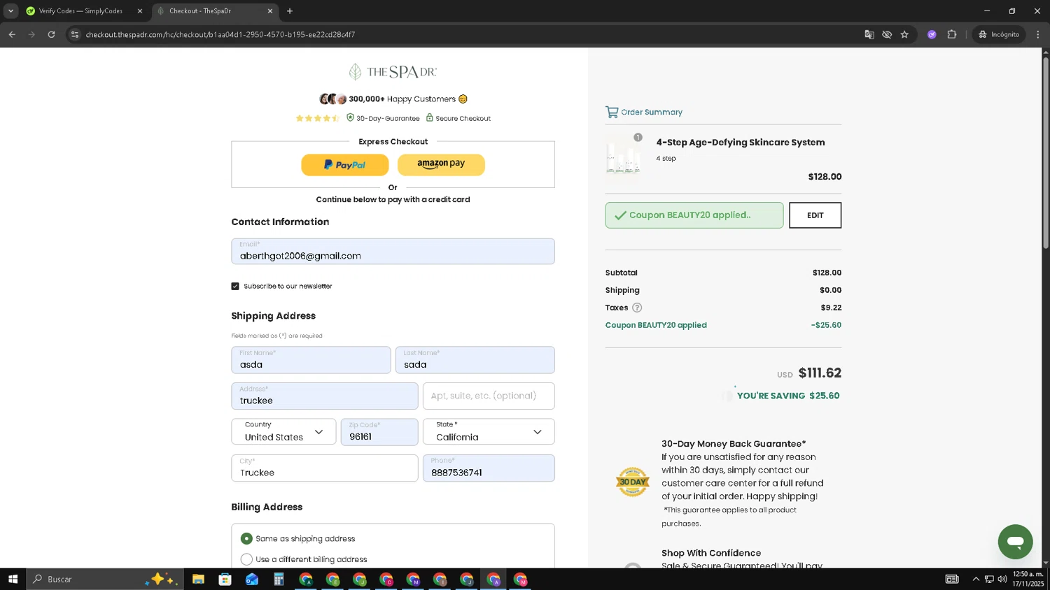 The Spa Dr. coupon code screenshot showing code Beauty20 applied at The Spa Dr. checkout page. Uploaded by SimplyCodes community member SAKURA on Nov 17, 2025