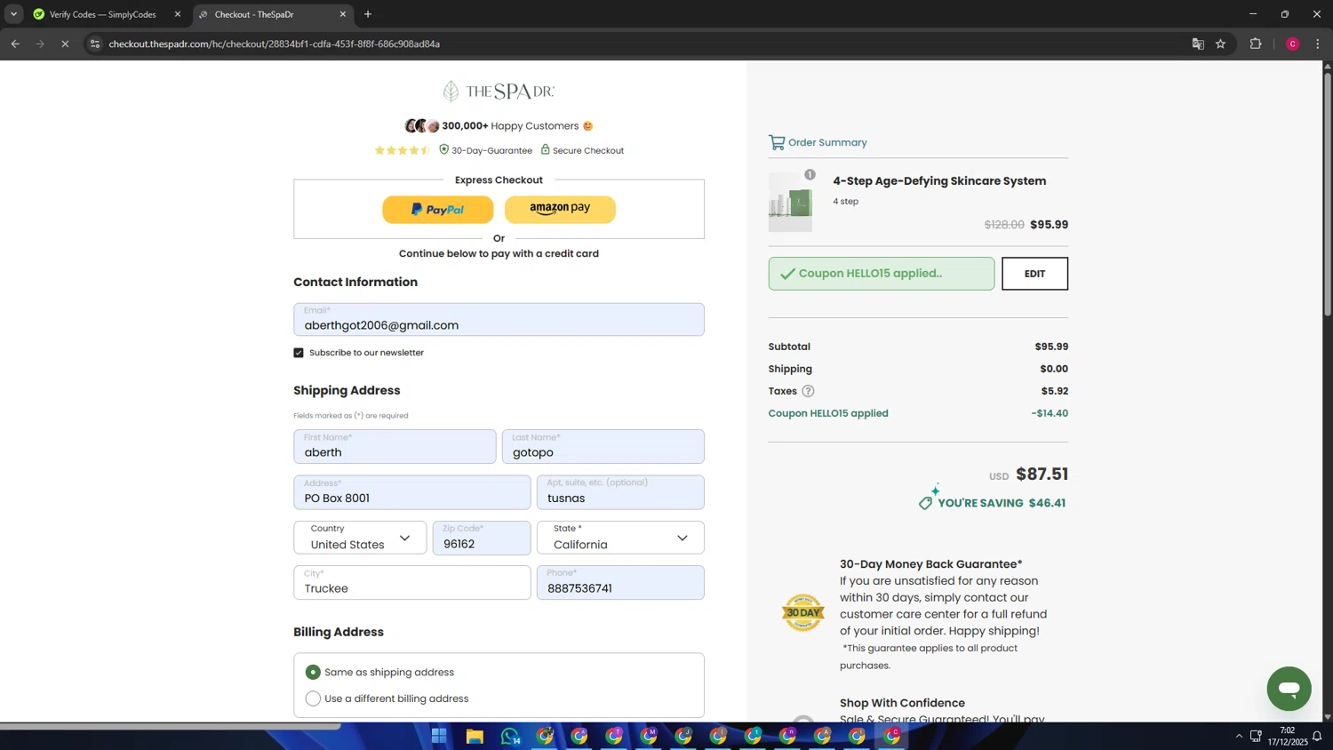 The Spa Dr. coupon code screenshot showing code HELLO15 applied at The Spa Dr. checkout page. Uploaded by SimplyCodes community member TOROREX250 on Dec 17, 2025