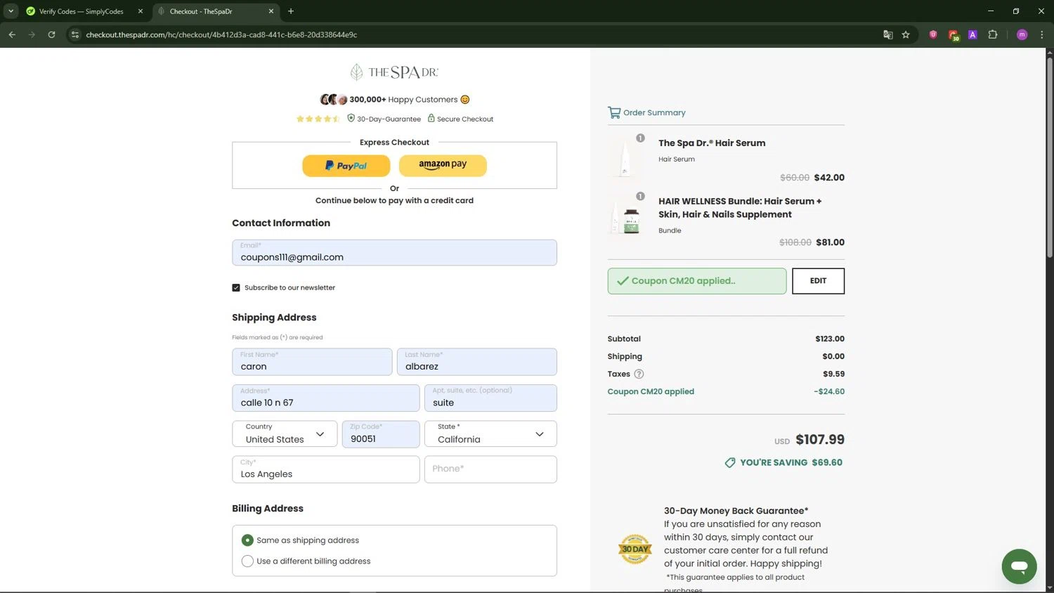 The Spa Dr. checkout page showing The Spa Dr. coupon code box | Screenshot taken by SimplyCodes community member on Dec 1, 2025