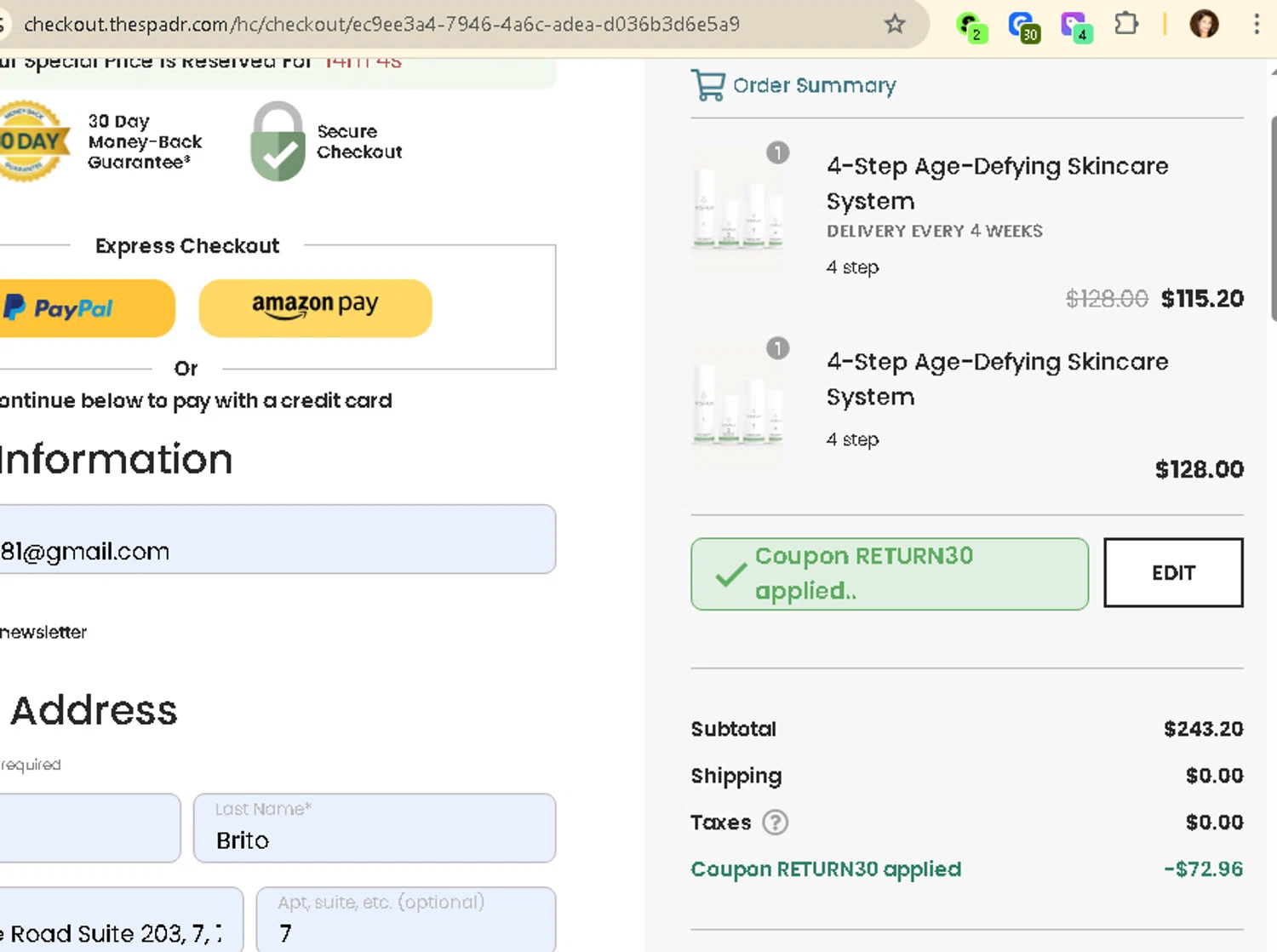 The Spa Dr. coupon code screenshot showing code RETURN30 applied at The Spa Dr. checkout page. Uploaded by SimplyCodes community member AMANDA2681 on Sep 21, 2025
