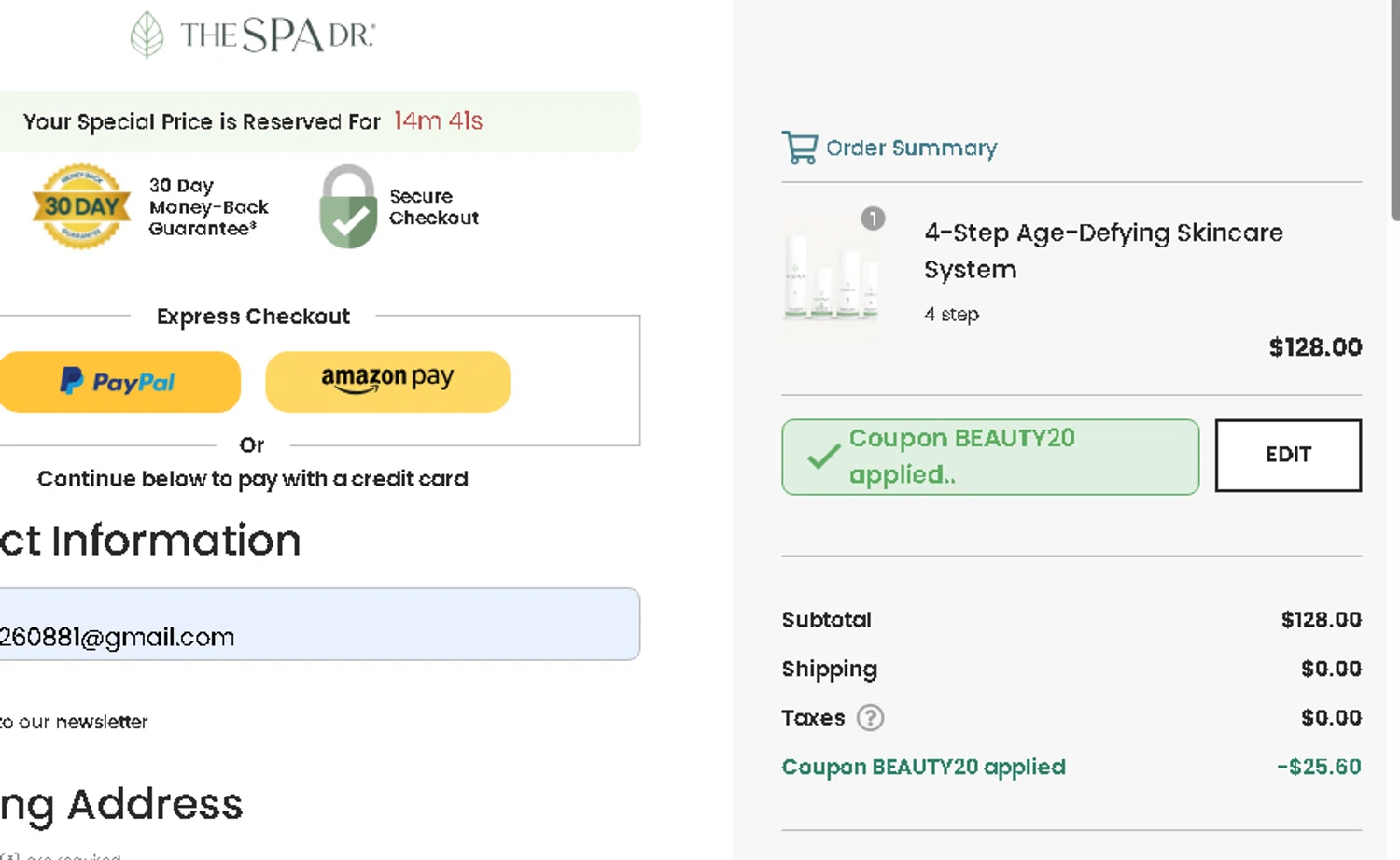 The Spa Dr. coupon code screenshot showing code BEAUTY20 applied at The Spa Dr. checkout page. Uploaded by SimplyCodes community member AMANDA2681 on Sep 21, 2025
