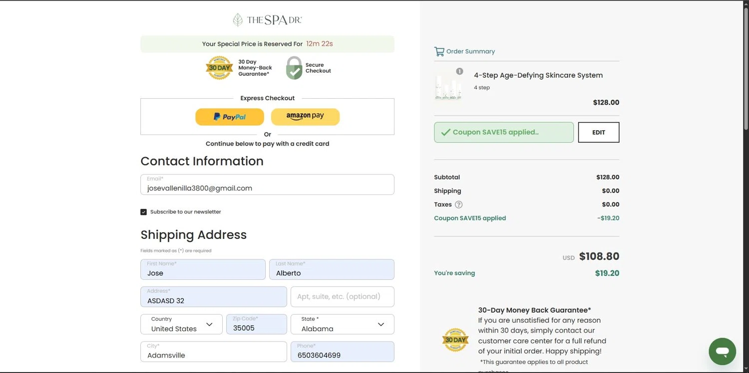The Spa Dr. coupon code screenshot showing code SAVE15 applied at The Spa Dr. checkout page. Uploaded by SimplyCodes community member Depressive on Sep 21, 2025
