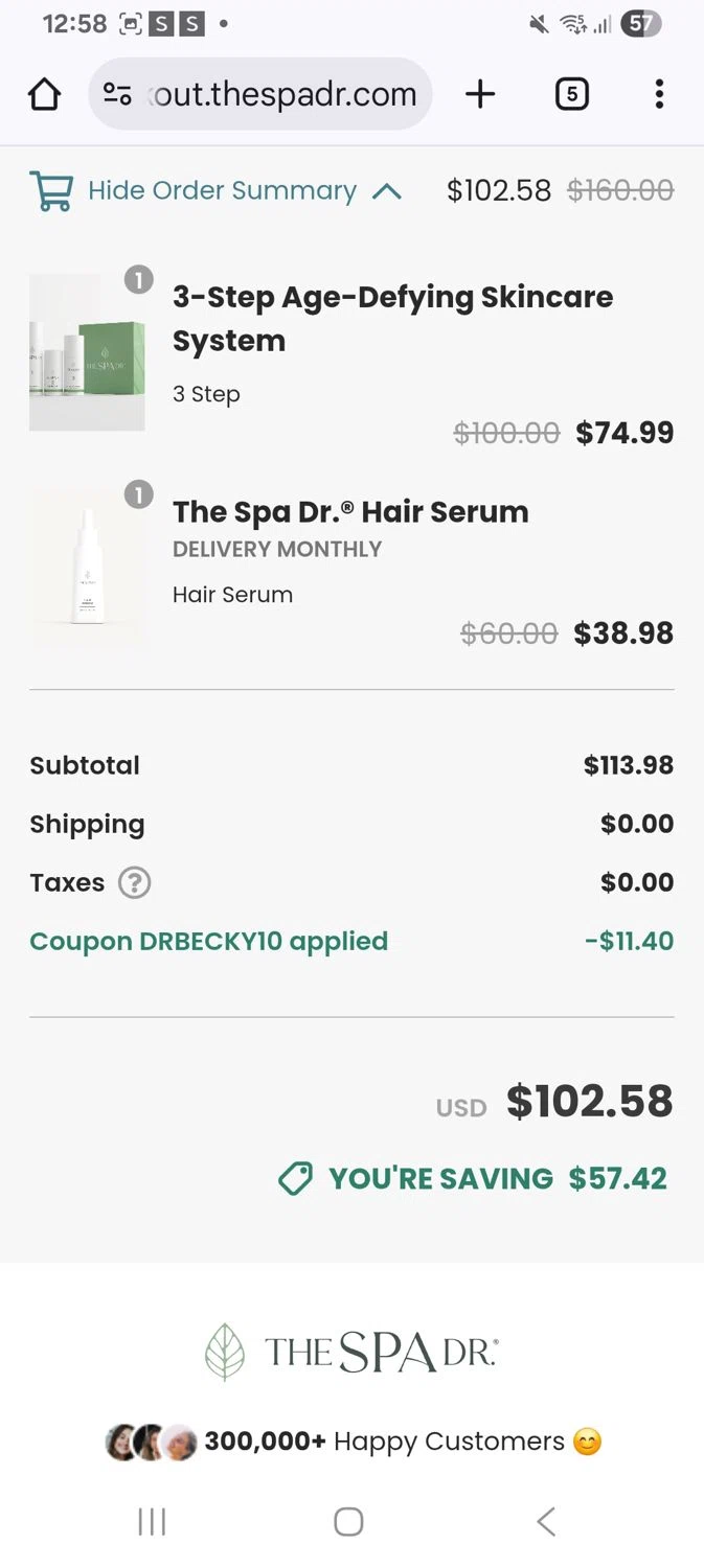 The Spa Dr. coupon code screenshot showing code Drbecky10 applied at The Spa Dr. checkout page. Uploaded by SimplyCodes community member KarinaHZ on Dec 19, 2025