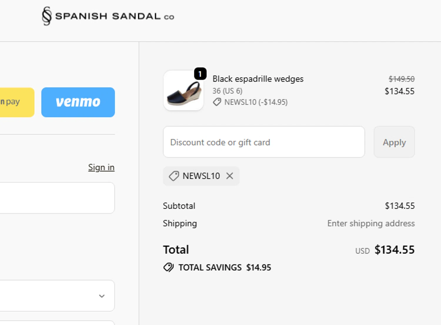 The Spanish Sandal Company promo code screenshot showing code NEWSL10 applied at The Spanish Sandal Company checkout page. Uploaded by SimplyCodes community member PennyScout6137 on Oct 26, 2025