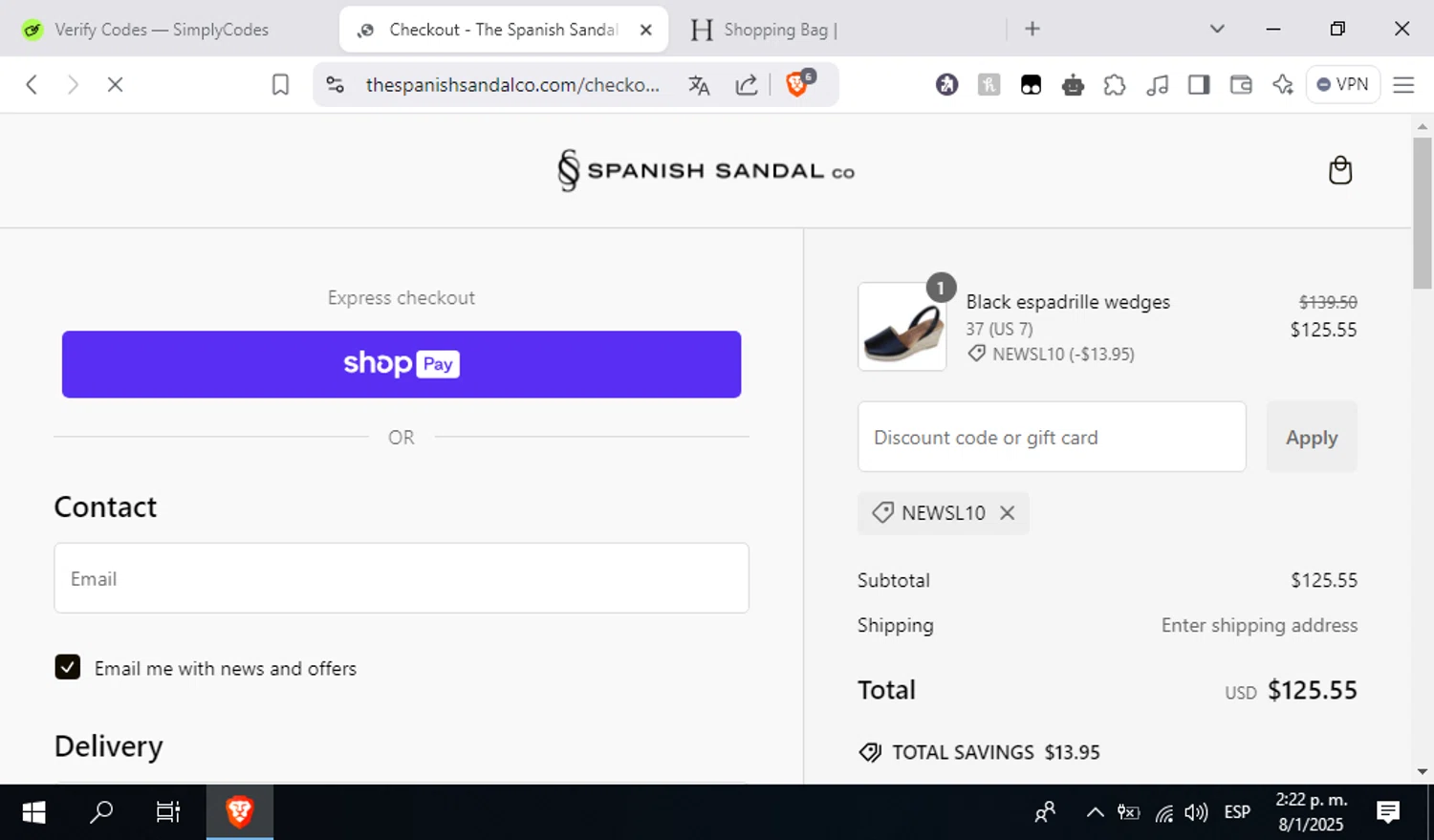 The Spanish Sandal Company promo code screenshot showing code NEWSL10 applied at The Spanish Sandal Company checkout page. Uploaded by SimplyCodes community member othmanmartinez on Jan 8, 2025