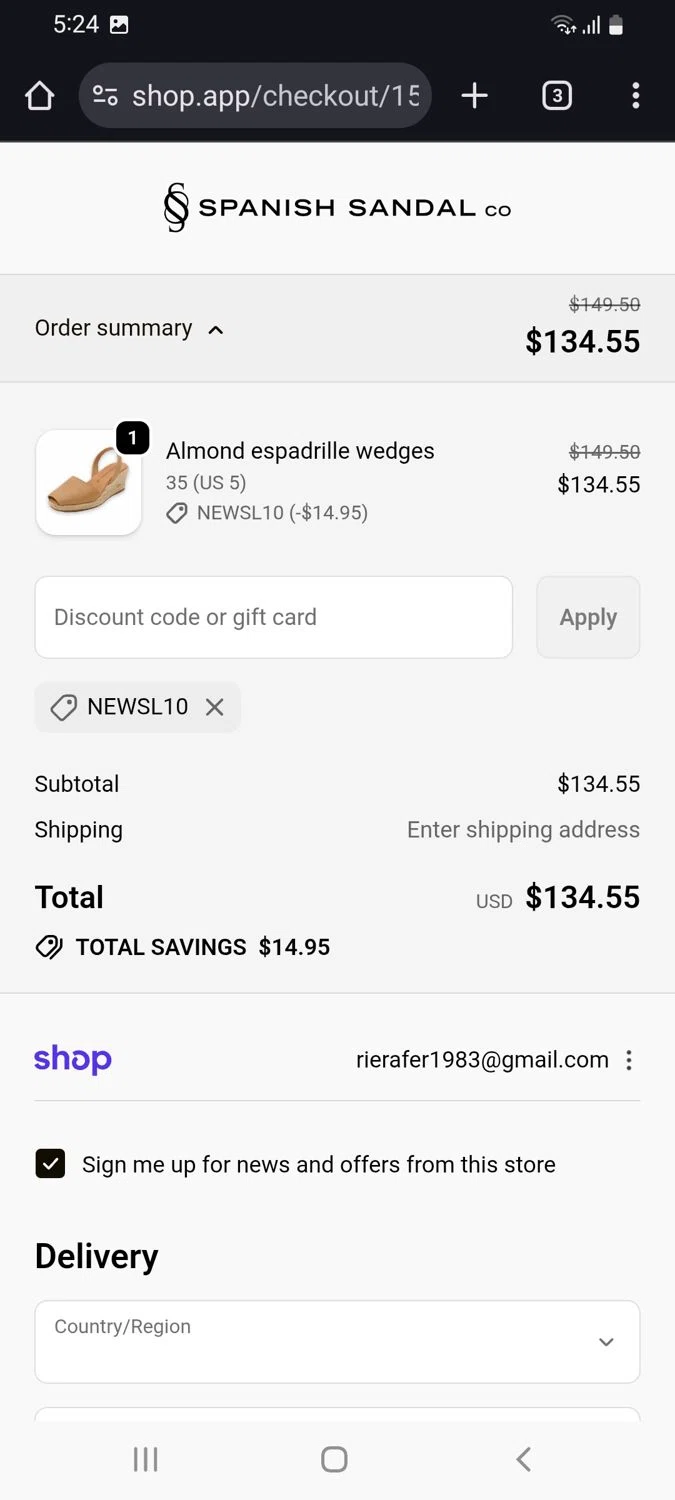 The Spanish Sandal Company promo code screenshot showing code NEWSL10 applied at The Spanish Sandal Company checkout page. Uploaded by SimplyCodes community member tulioriera on Oct 31, 2025
