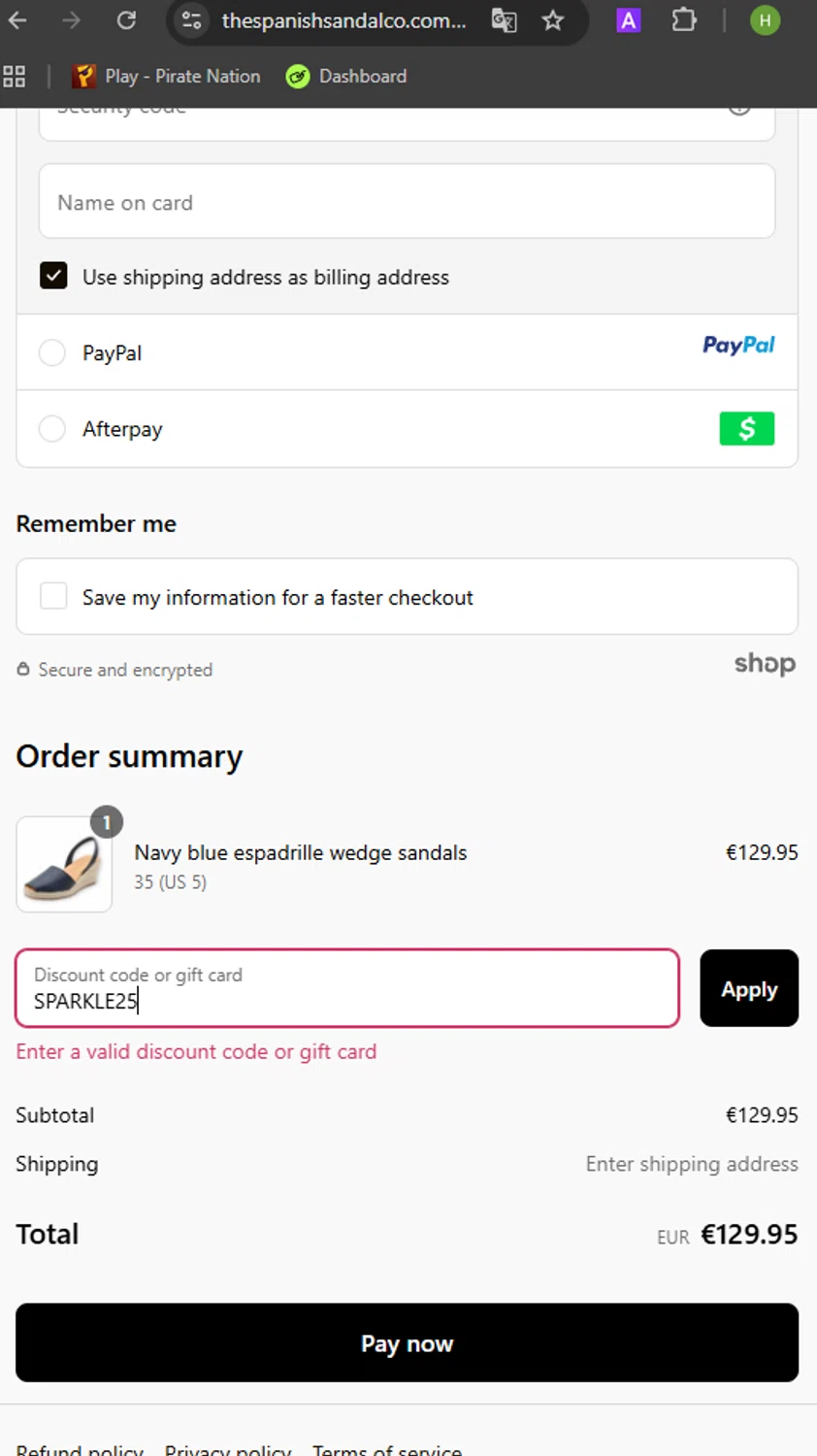 The Spanish Sandal Company promo code screenshot showing code SPARKLE25 applied at The Spanish Sandal Company checkout page. Uploaded by SimplyCodes community member Henyo36 on Sep 11, 2025