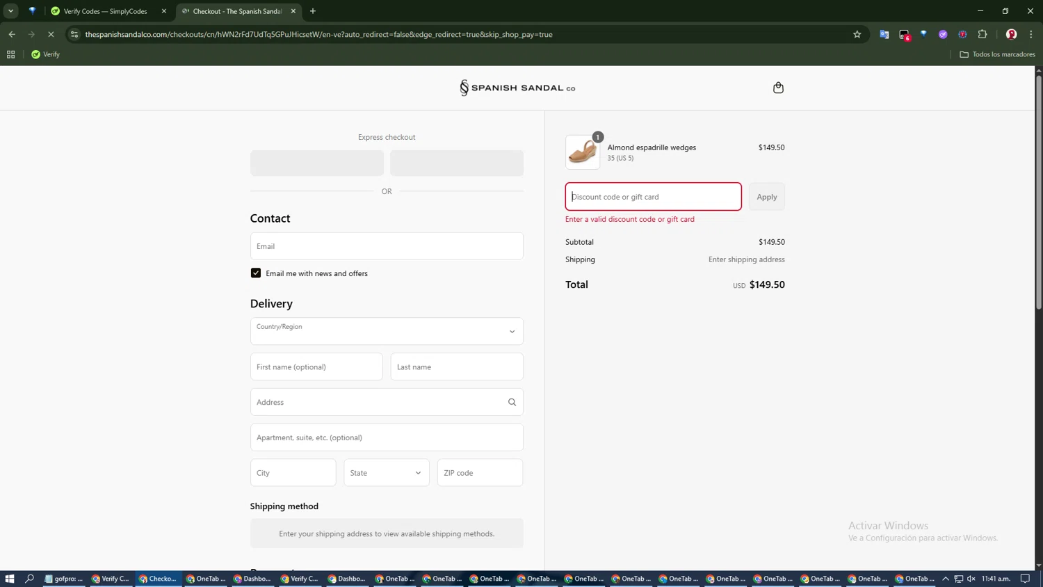 The Spanish Sandal Company promo code screenshot showing code SPARKLE25 applied at The Spanish Sandal Company checkout page. Uploaded by SimplyCodes community member Spiderman_04 on Sep 11, 2025