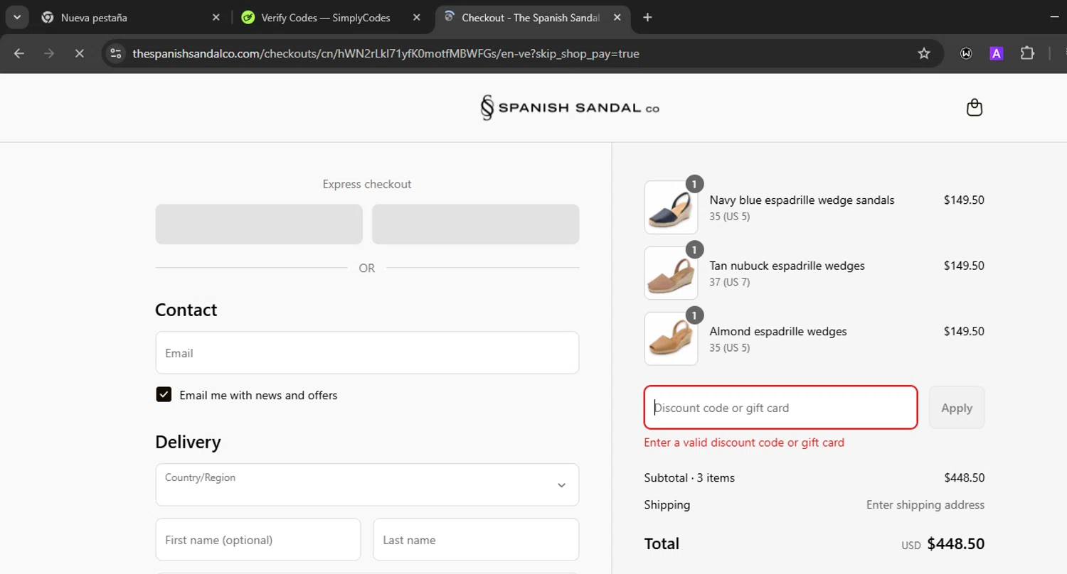 The Spanish Sandal Company promo code screenshot showing code WEDGES25 applied at The Spanish Sandal Company checkout page. Uploaded by SimplyCodes community member Eminem on Sep 11, 2025