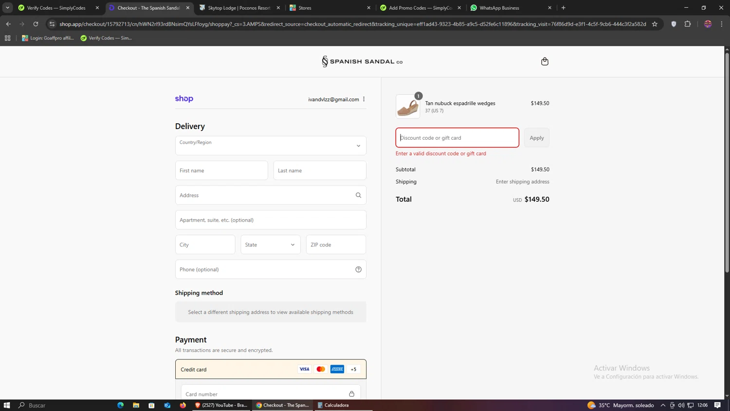 The Spanish Sandal Company promo code screenshot showing code WEDGES25 applied at The Spanish Sandal Company checkout page. Uploaded by SimplyCodes community member RebateHawk1800 on Sep 11, 2025
