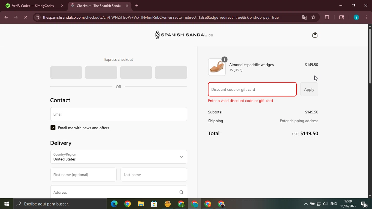 The Spanish Sandal Company promo code screenshot showing code WEDGES25 applied at The Spanish Sandal Company checkout page. Uploaded by SimplyCodes community member juanjo2 on Sep 11, 2025