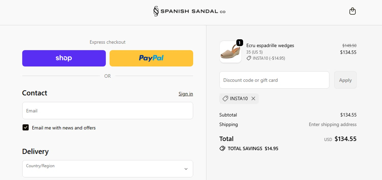 The Spanish Sandal Company promo code screenshot showing code INSTA10 applied at The Spanish Sandal Company checkout page. Uploaded by SimplyCodes community member Jhonny on Oct 28, 2025