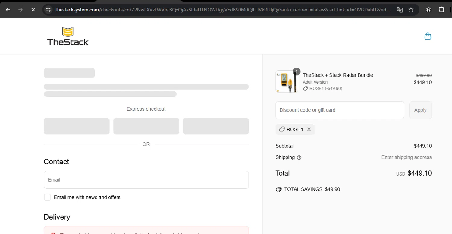 The Stack System discount code screenshot showing code ROSE1 applied at The Stack System checkout page. Uploaded by SimplyCodes community member RoyalSpotter5217 on May 11, 2025