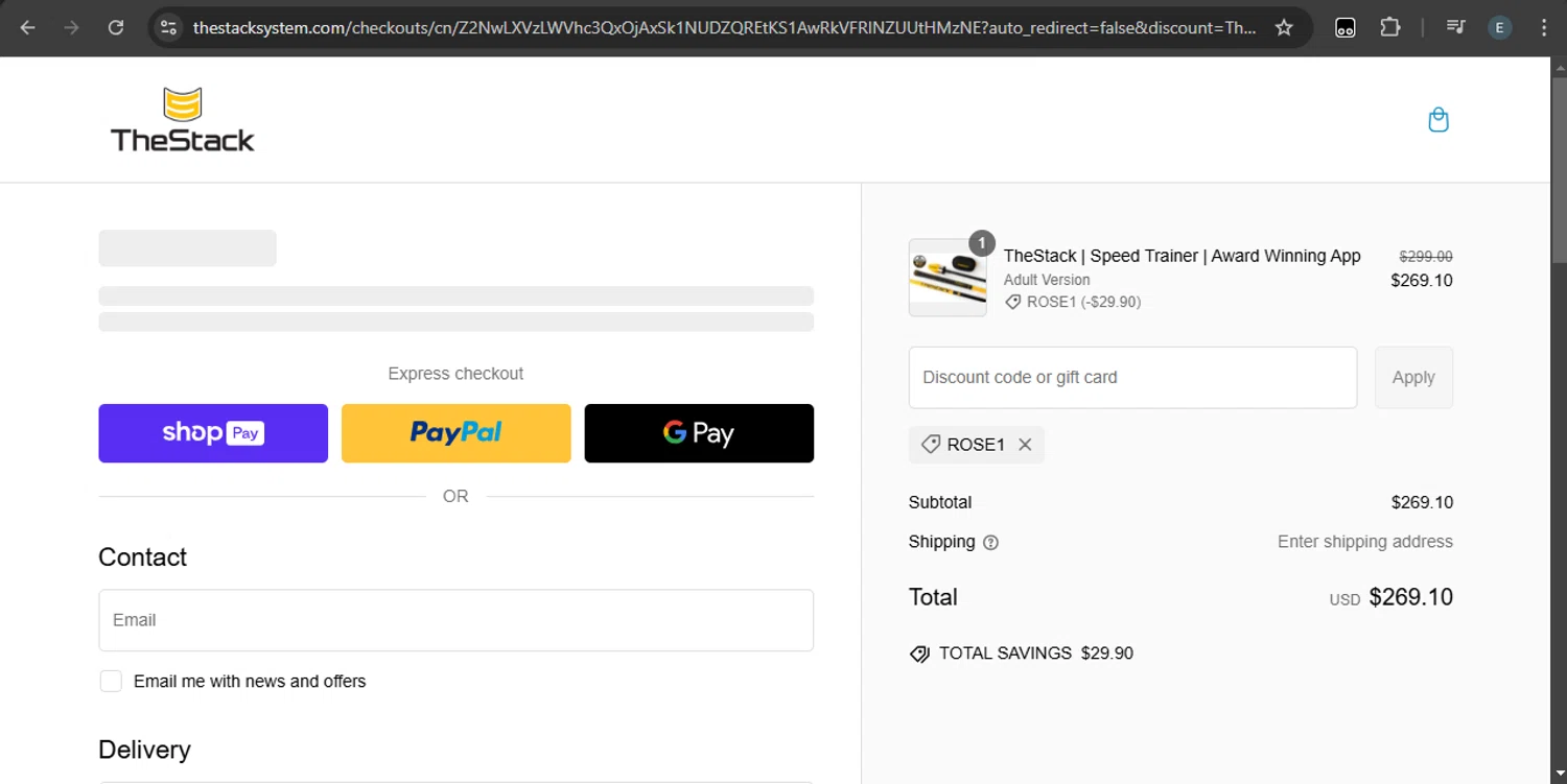 The Stack System discount code screenshot showing code ROSE1 applied at The Stack System checkout page. Uploaded by SimplyCodes community member SilverKnight4465 on Feb 21, 2025