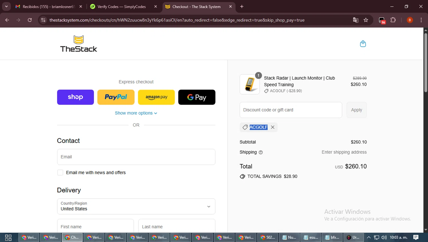 The Stack System discount code screenshot showing code ACGOLF applied at The Stack System checkout page. Uploaded by SimplyCodes community member DiscountExpert6435 on Sep 15, 2025