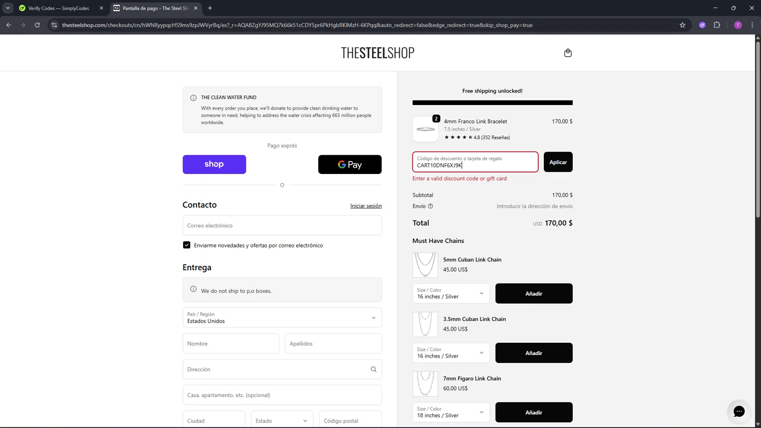 The Steel Shop discount code screenshot showing code CART10DNF6XJ9K applied at The Steel Shop checkout page. Uploaded by SimplyCodes community member CleverFinder9623 on Feb 20, 2026