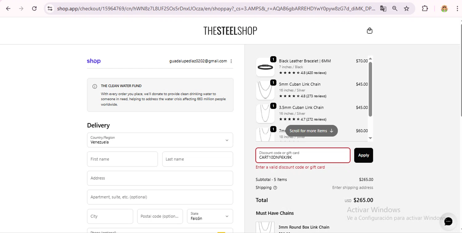 The Steel Shop discount code screenshot showing code CART10DNF6XJ9K applied at The Steel Shop checkout page. Uploaded by SimplyCodes community member laurachirinos on Feb 20, 2026