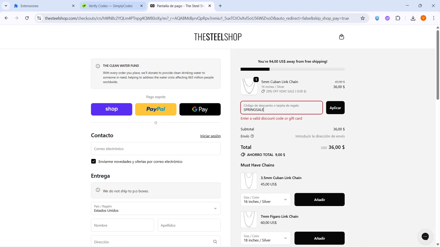 The Steel Shop discount code screenshot showing code SPRINGSALE applied at The Steel Shop checkout page. Uploaded by SimplyCodes community member BrilliantLion4485 on Feb 10, 2026