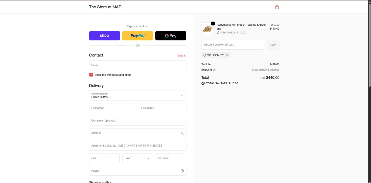 The Store at MAD promo code screenshot showing code WELCOME20 applied at The Store at MAD checkout page. Uploaded by SimplyCodes community member BrilliantGenius7871 on Jan 3, 2026