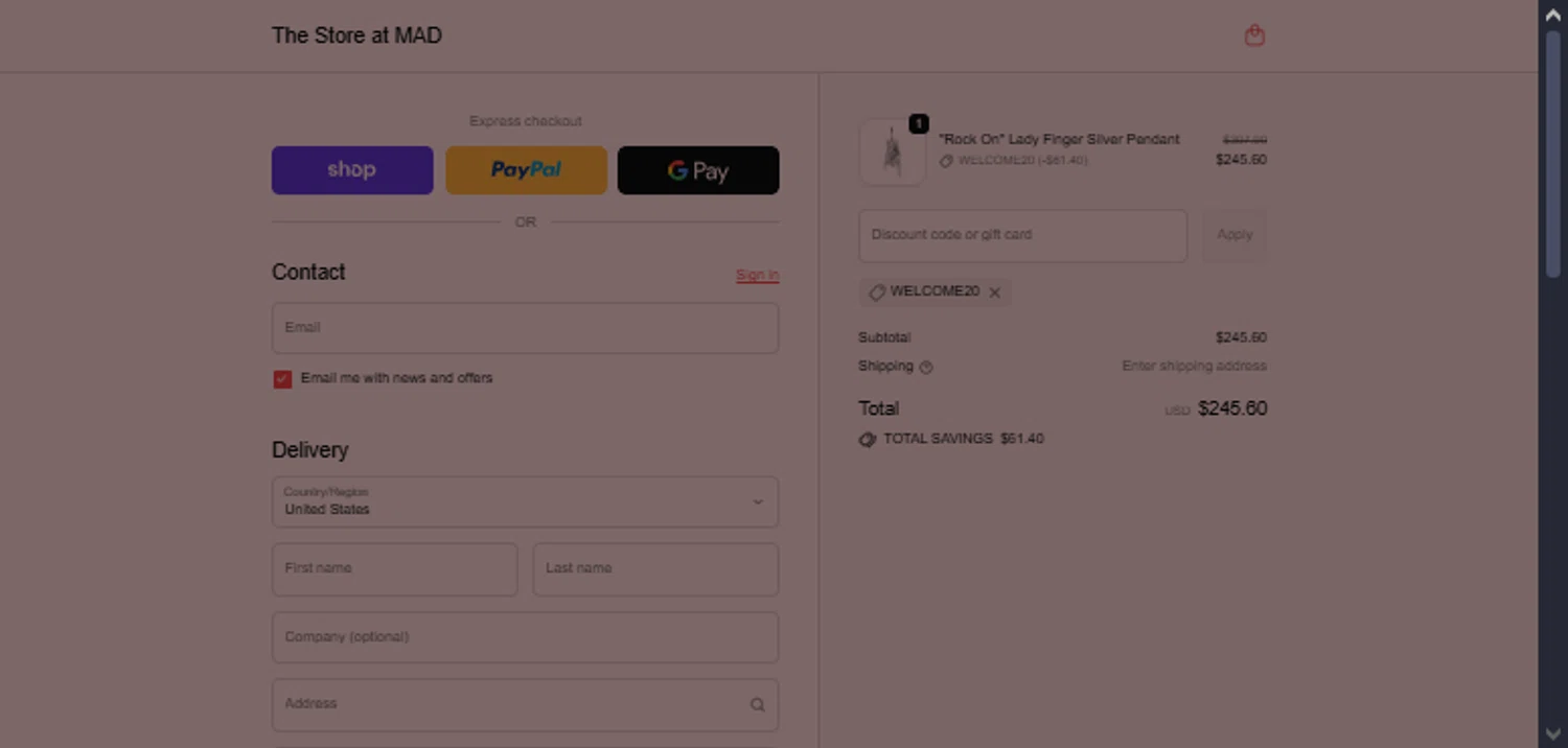 The Store at MAD promo code screenshot showing code WELCOME20 applied at The Store at MAD checkout page. Uploaded by SimplyCodes community member TraxoGamer on Nov 30, 2025