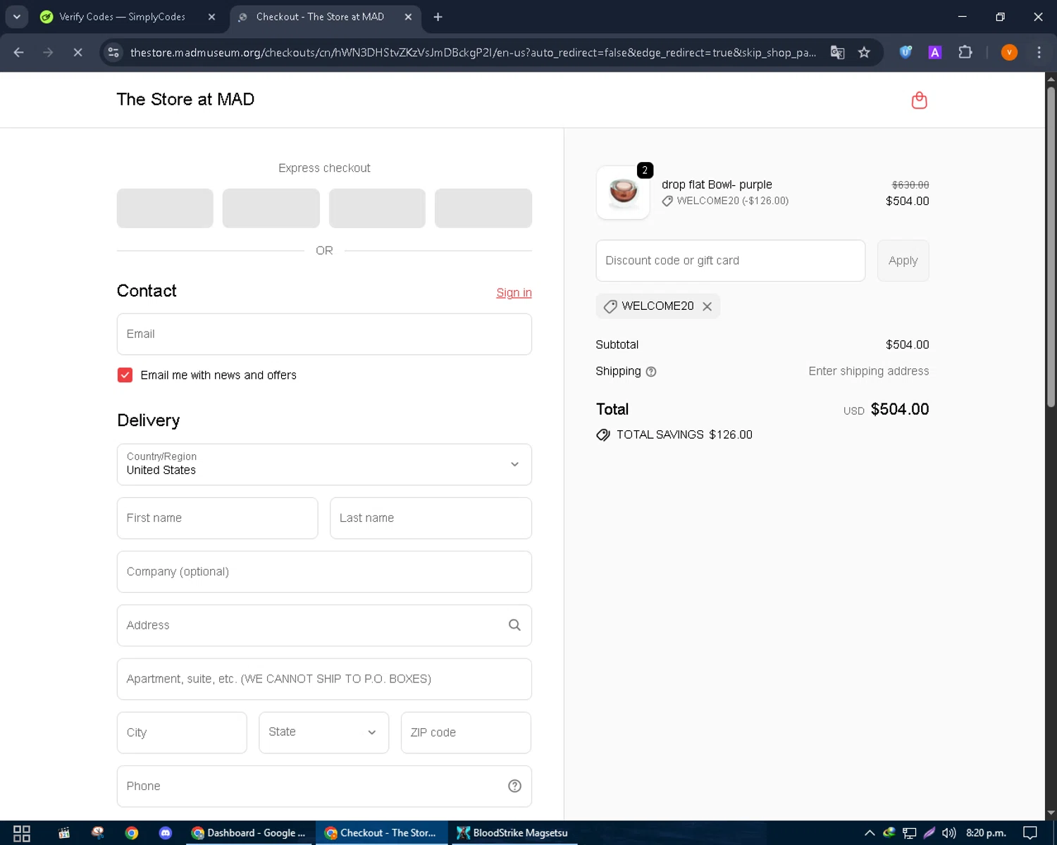 The Store at MAD promo code screenshot showing code WELCOME20 applied at The Store at MAD checkout page. Uploaded by SimplyCodes community member bulbasaur69 on Sep 21, 2025