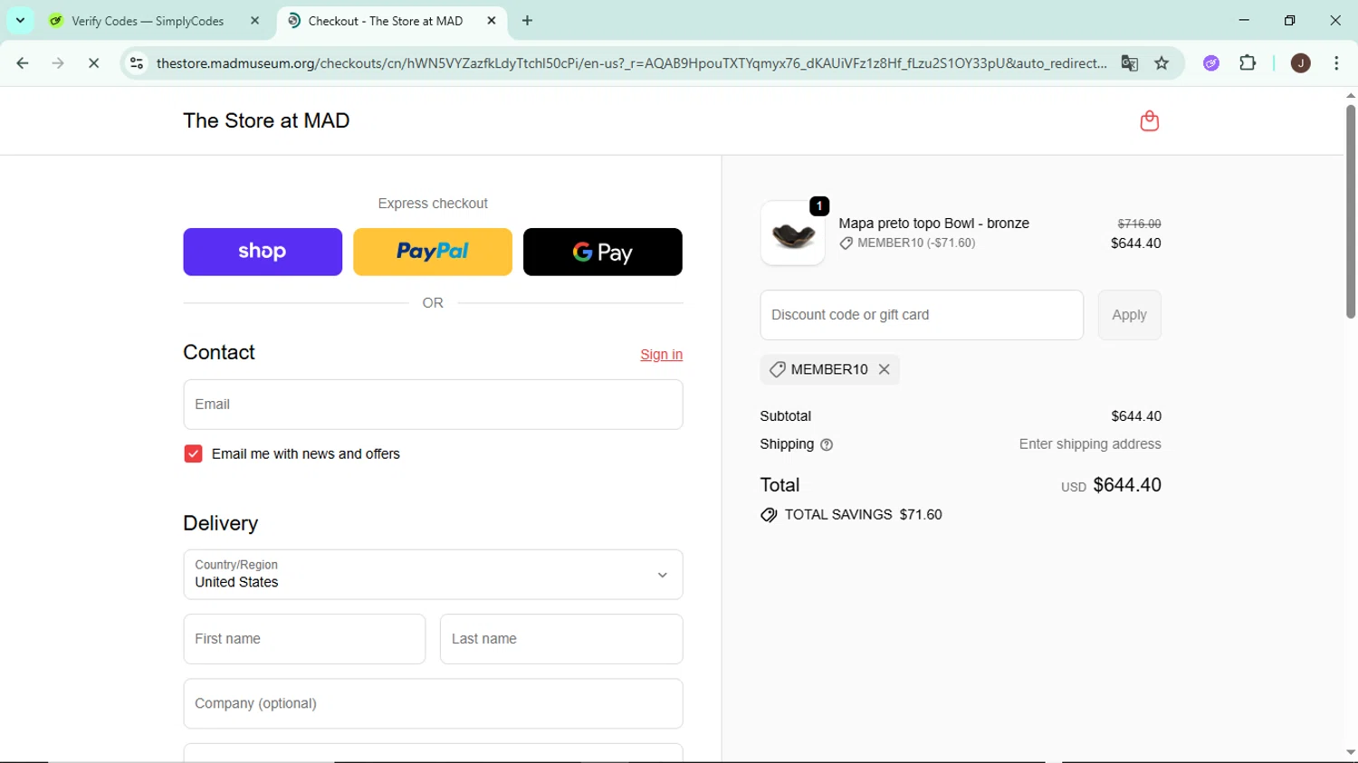 The Store at MAD promo code screenshot showing code MEMBER10 applied at The Store at MAD checkout page. Uploaded by SimplyCodes community member LegendaryAce8627 on Nov 20, 2025