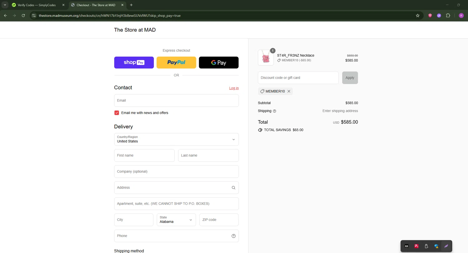 The Store at MAD promo code screenshot showing code MEMBER10 applied at The Store at MAD checkout page. Uploaded by SimplyCodes community member RoyalSentinel4577 on Jul 27, 2025