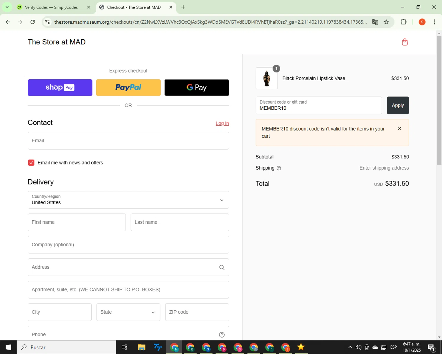The Store at MAD promo code screenshot showing code MEMBER10 applied at The Store at MAD checkout page. Uploaded by SimplyCodes community member CrownBoss9623 on Jan 10, 2025