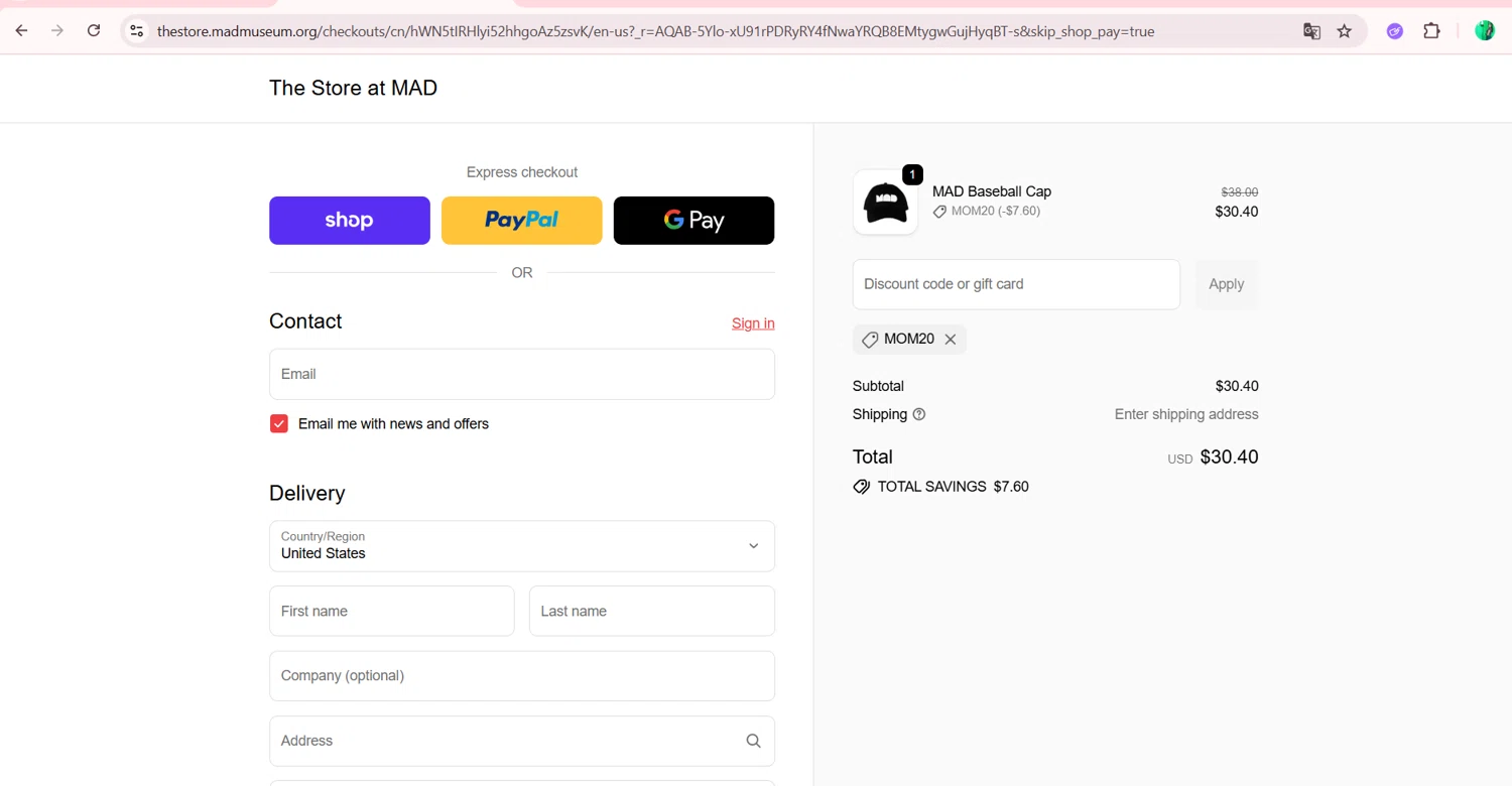 The Store at MAD promo code screenshot showing code mom20 applied at The Store at MAD checkout page. Uploaded by SimplyCodes community member FortunateMaven5954 on Nov 30, 2025
