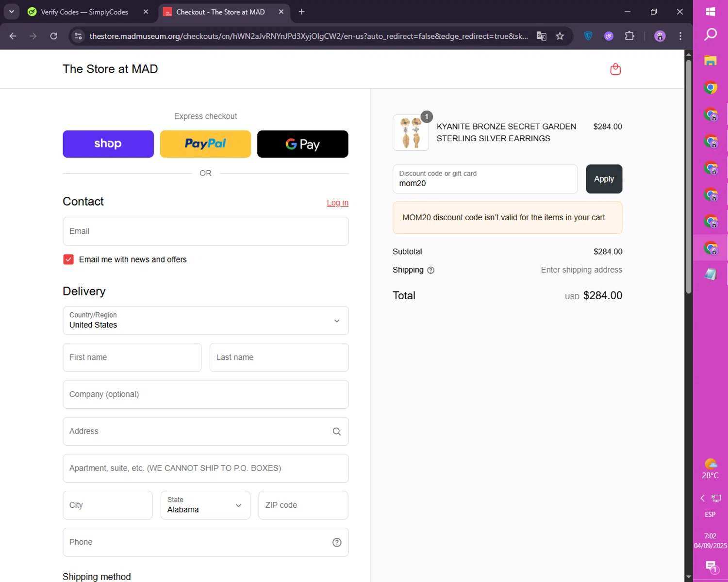 The Store at MAD promo code screenshot showing code mom20 applied at The Store at MAD checkout page. Uploaded by SimplyCodes community member SmartLion1183 on Sep 4, 2025