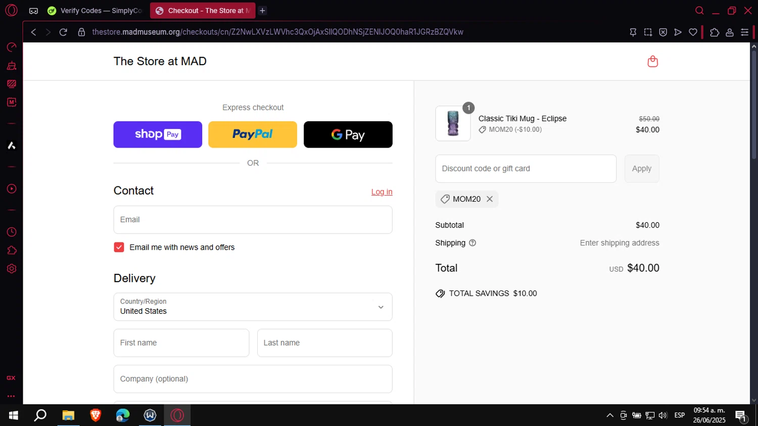 The Store at MAD promo code screenshot showing code mom20 applied at The Store at MAD checkout page. Uploaded by SimplyCodes community member VoucherCollector3778 on Jun 26, 2025