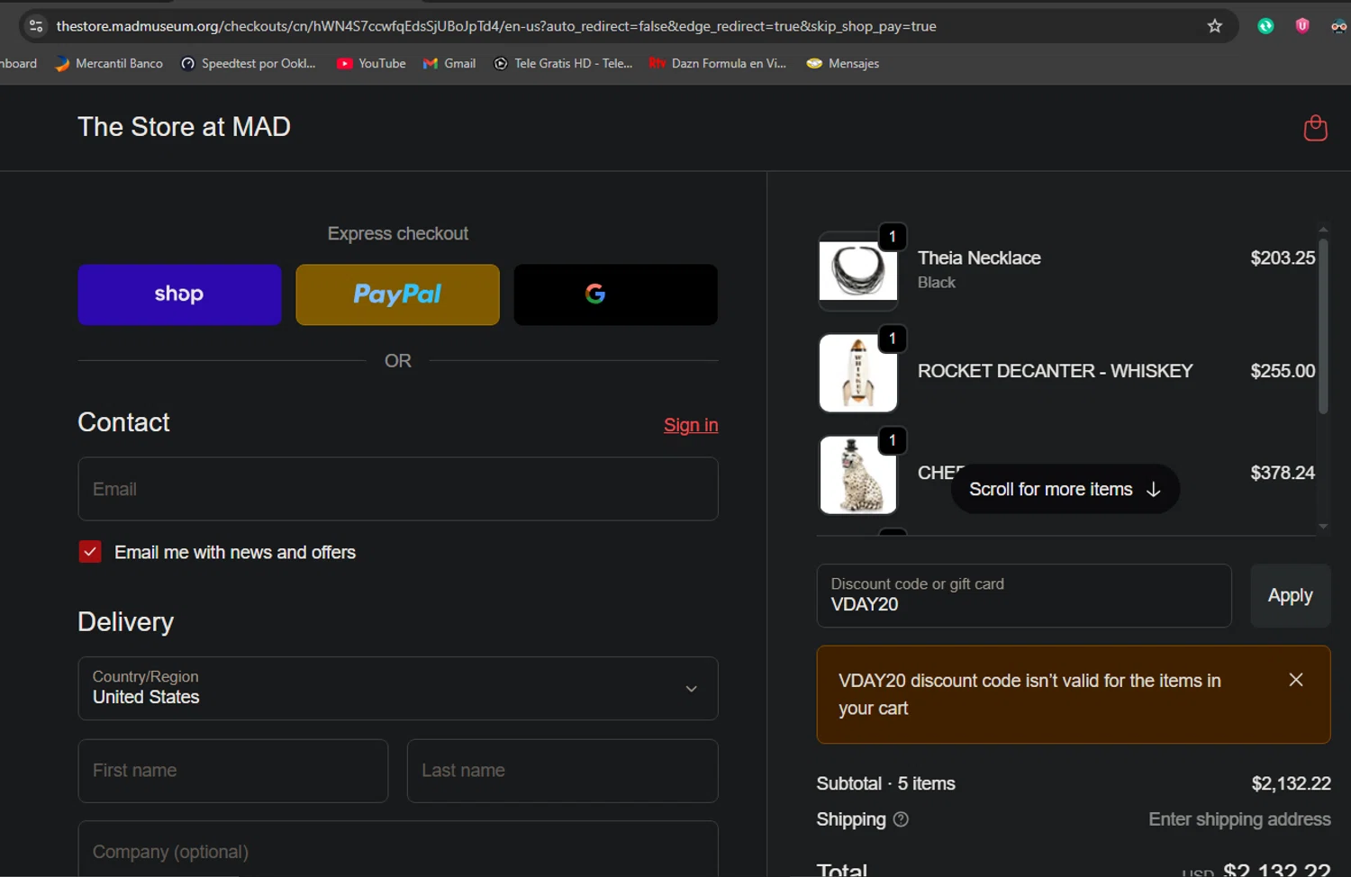 The Store at MAD promo code screenshot showing code VDAY20 applied at The Store at MAD checkout page. Uploaded by SimplyCodes community member aliriotrasmonte on Oct 23, 2025
