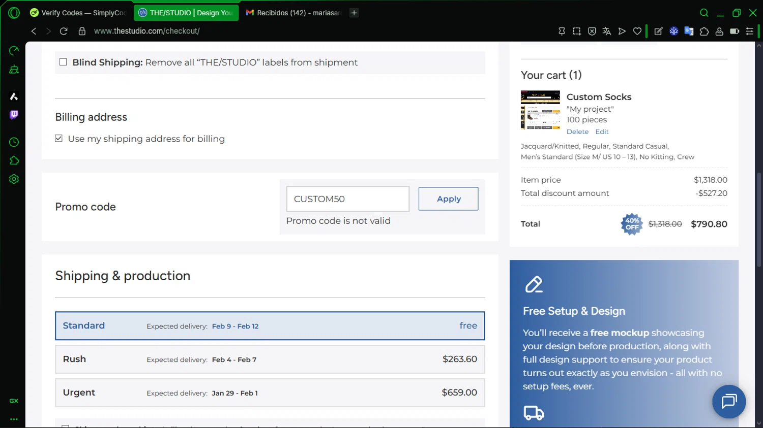 The/Studio promo code screenshot showing code CUSTOM50 applied at The/Studio checkout page. Uploaded by SimplyCodes community member MoneySentinel1166 on Jan 10, 2026