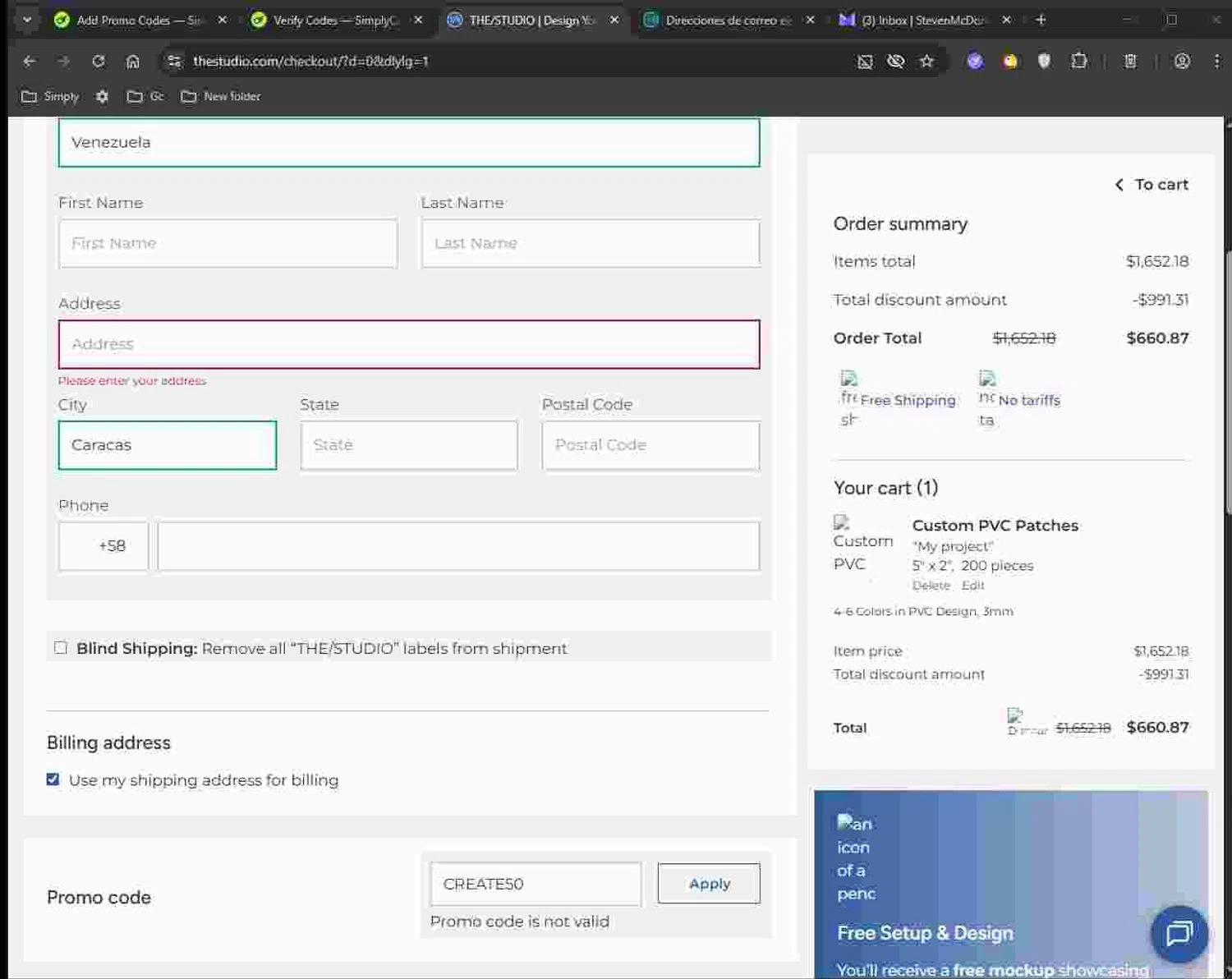 The/Studio promo code screenshot showing code CREATE50 applied at The/Studio checkout page. Uploaded by SimplyCodes community member Deadpool on Nov 26, 2025