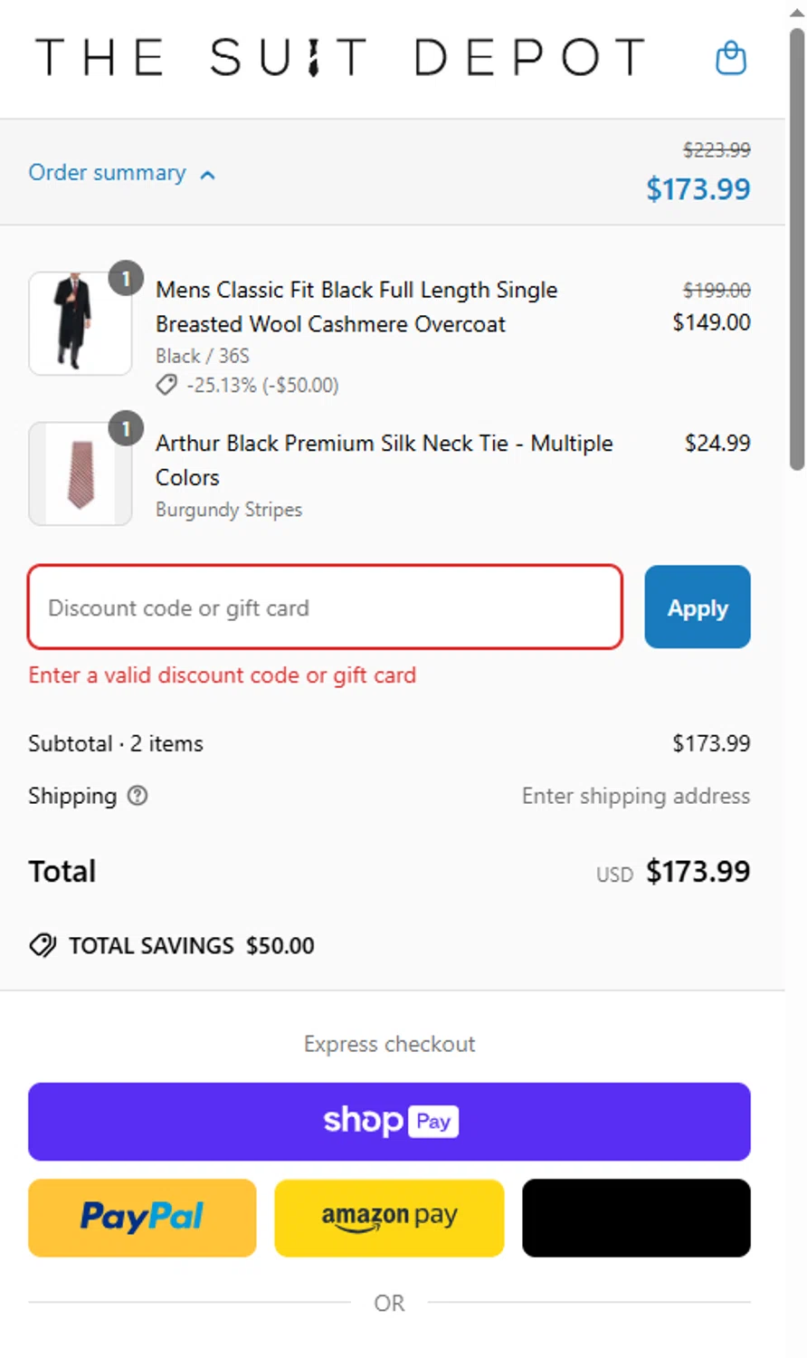 The Suit Depot discount code screenshot showing code CART15 applied at The Suit Depot checkout page. Uploaded by SimplyCodes community member CouponBoss1854 on Mar 26, 2025