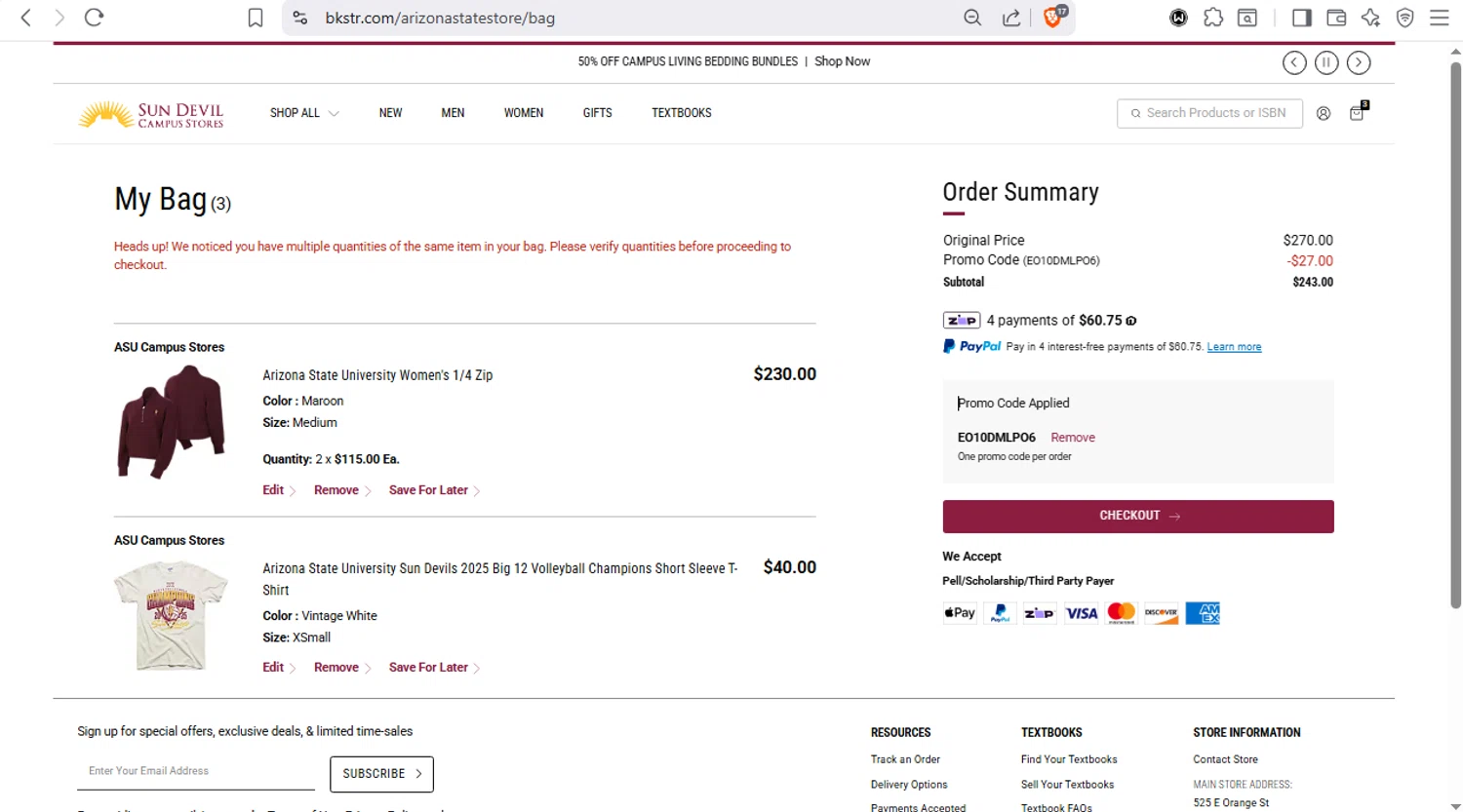 The Sun Devils checkout page showing The Sun Devils promo code box | Screenshot taken by SimplyCodes community member on Jan 29, 2026